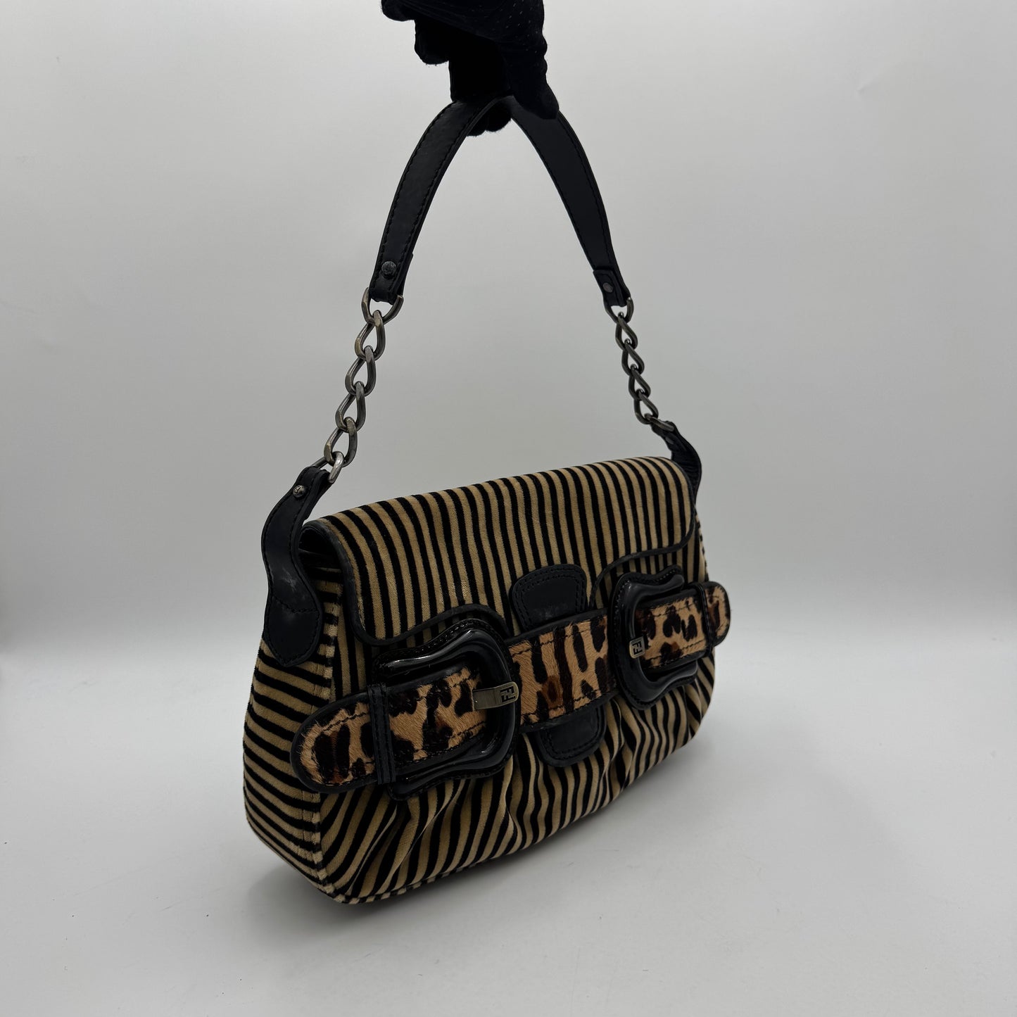 Fendi Brown Black Striped Velvet and Leopard Print Calfhair Buckle Flap Shoulder Bag