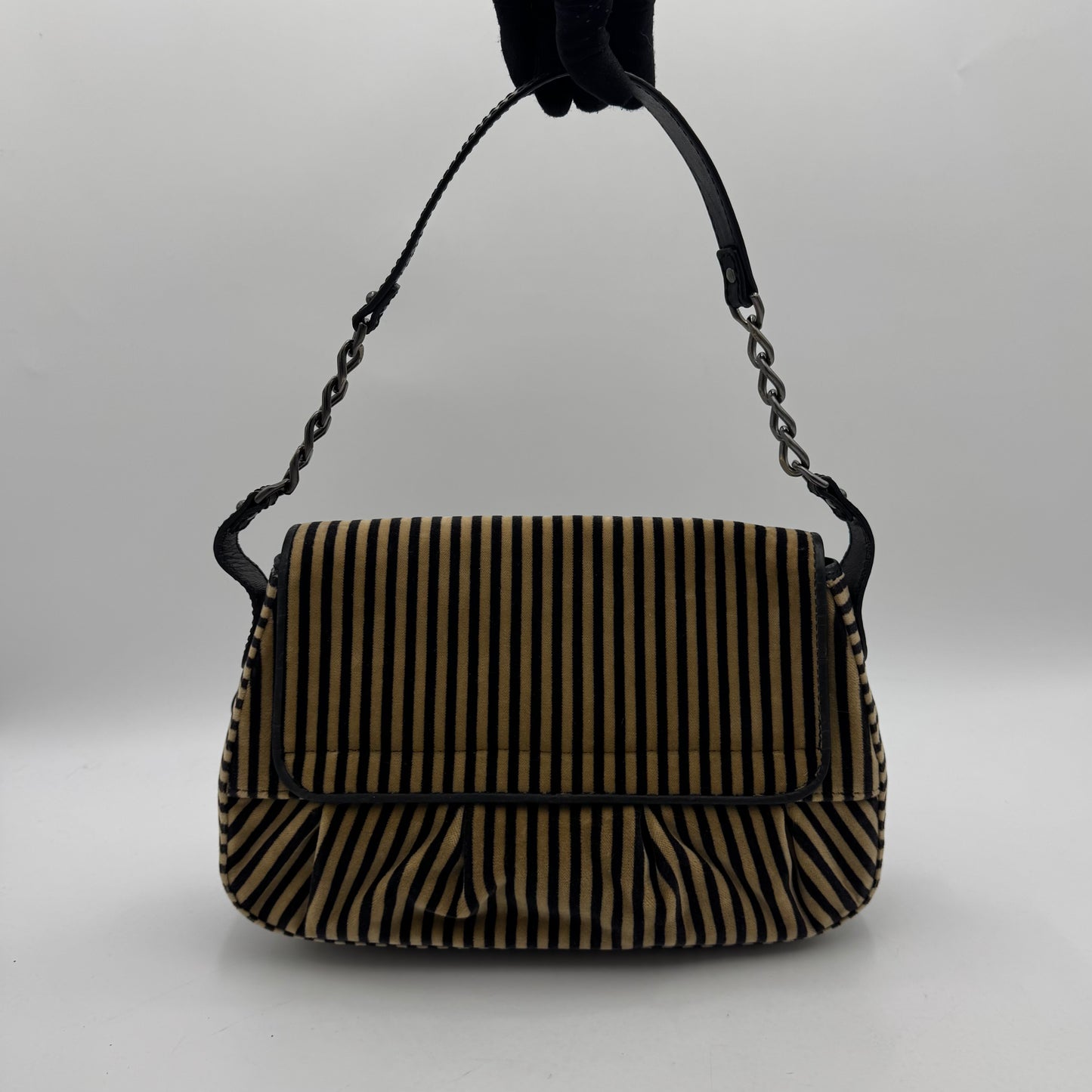 Fendi Brown Black Striped Velvet and Leopard Print Calfhair Buckle Flap Shoulder Bag