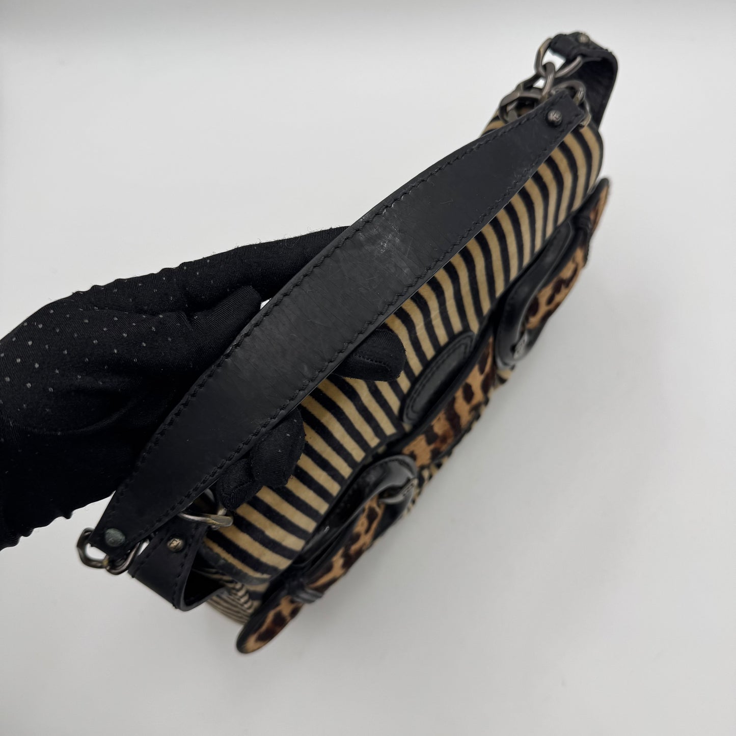 Fendi Brown Black Striped Velvet and Leopard Print Calfhair Buckle Flap Shoulder Bag