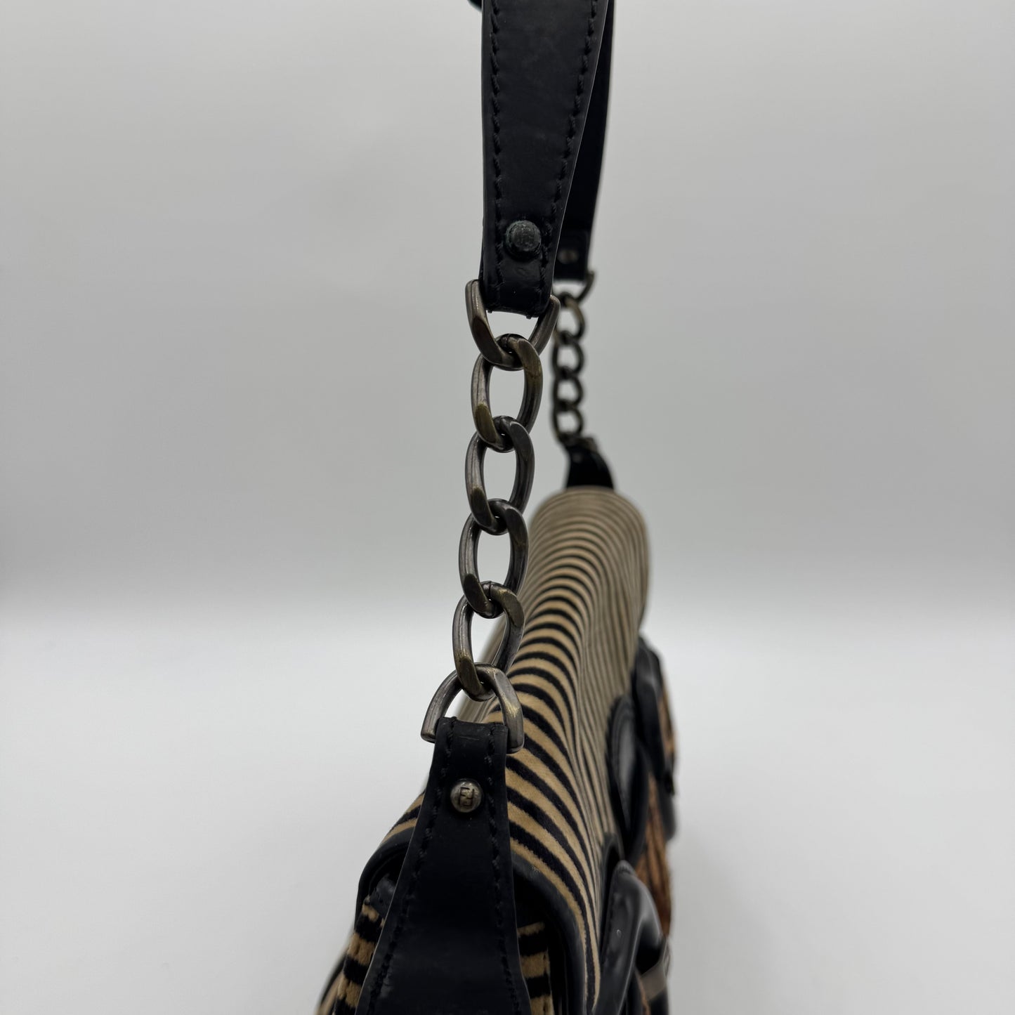 Fendi Brown Black Striped Velvet and Leopard Print Calfhair Buckle Flap Shoulder Bag