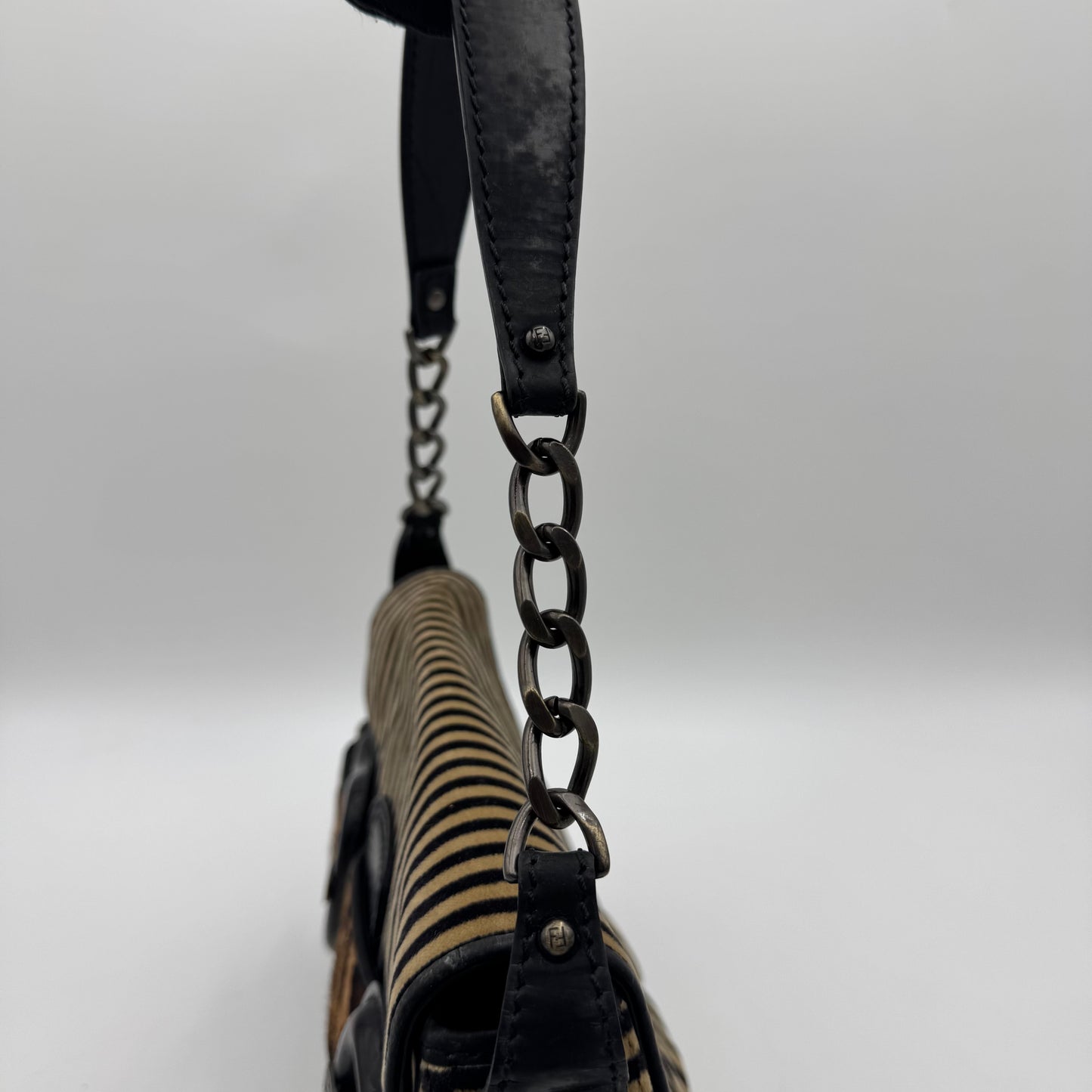Fendi Brown Black Striped Velvet and Leopard Print Calfhair Buckle Flap Shoulder Bag