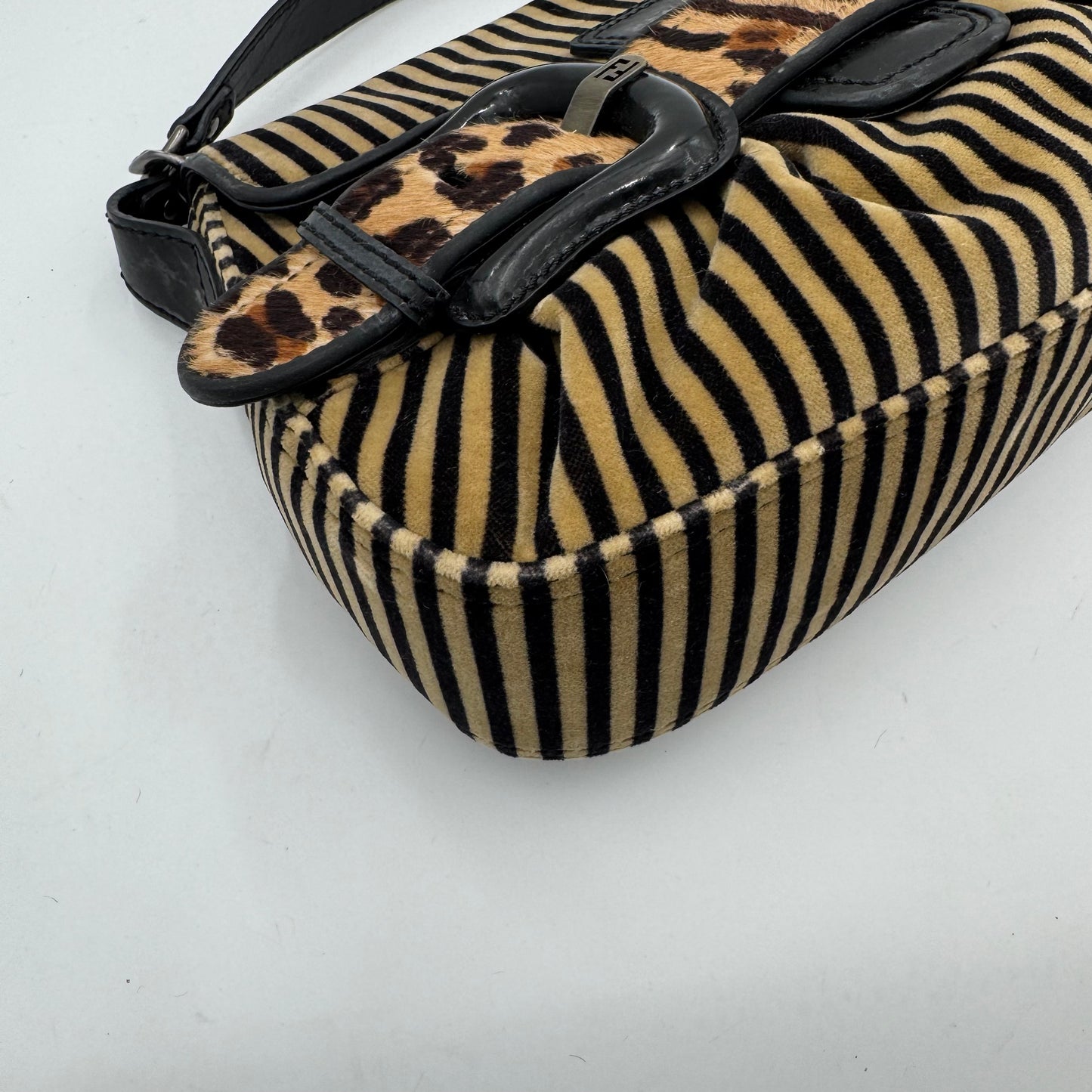 Fendi Brown Black Striped Velvet and Leopard Print Calfhair Buckle Flap Shoulder Bag