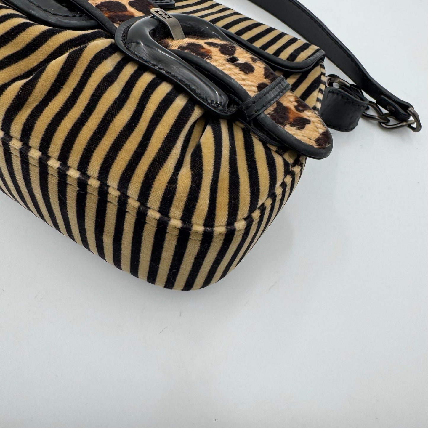 Fendi Brown Black Striped Velvet and Leopard Print Calfhair Buckle Flap Shoulder Bag