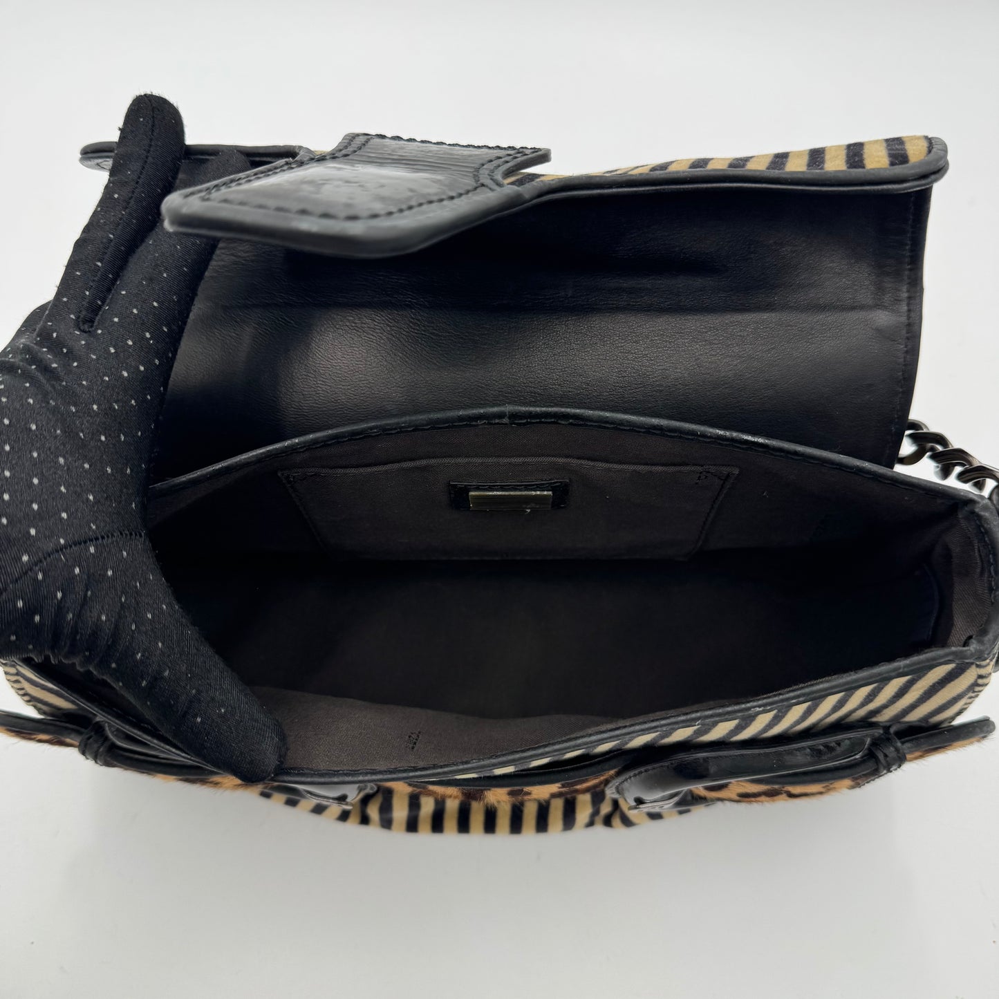 Fendi Brown Black Striped Velvet and Leopard Print Calfhair Buckle Flap Shoulder Bag