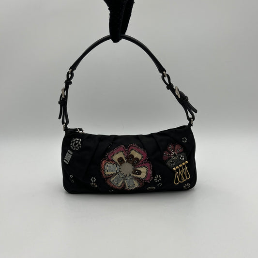 Prada 1990s Black Tessuto and Leather Flower Patchwork Pochette