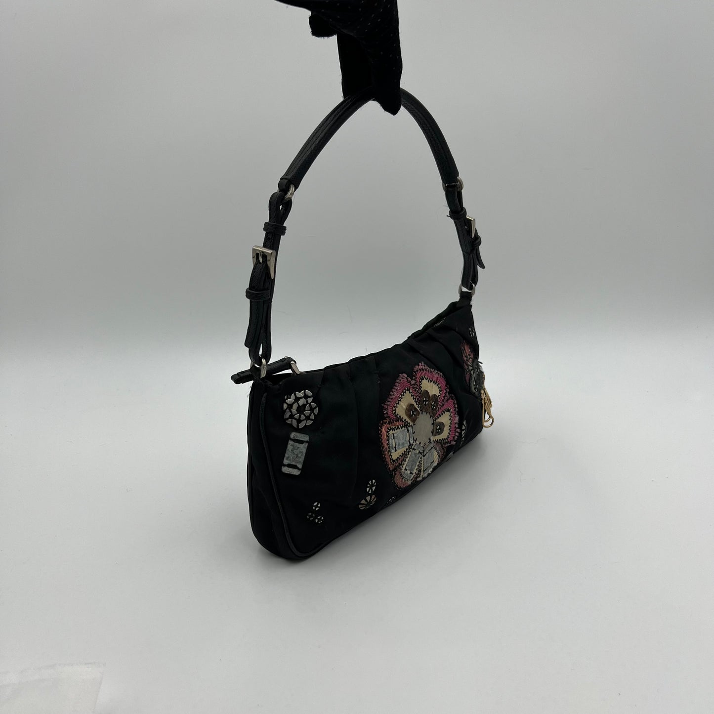 Prada 1990s Black Tessuto and Leather Flower Patchwork Pochette