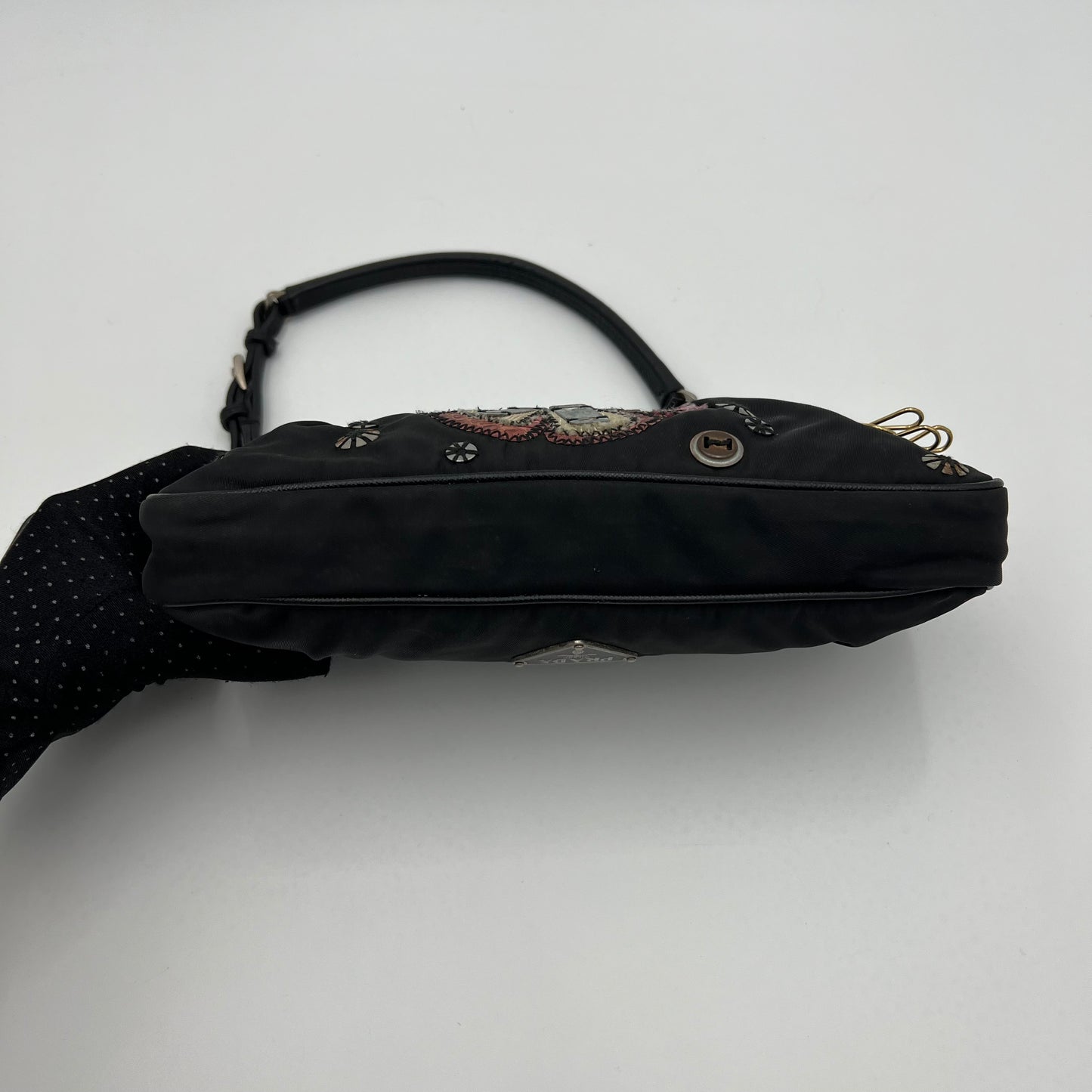 Prada 1990s Black Tessuto and Leather Flower Patchwork Pochette