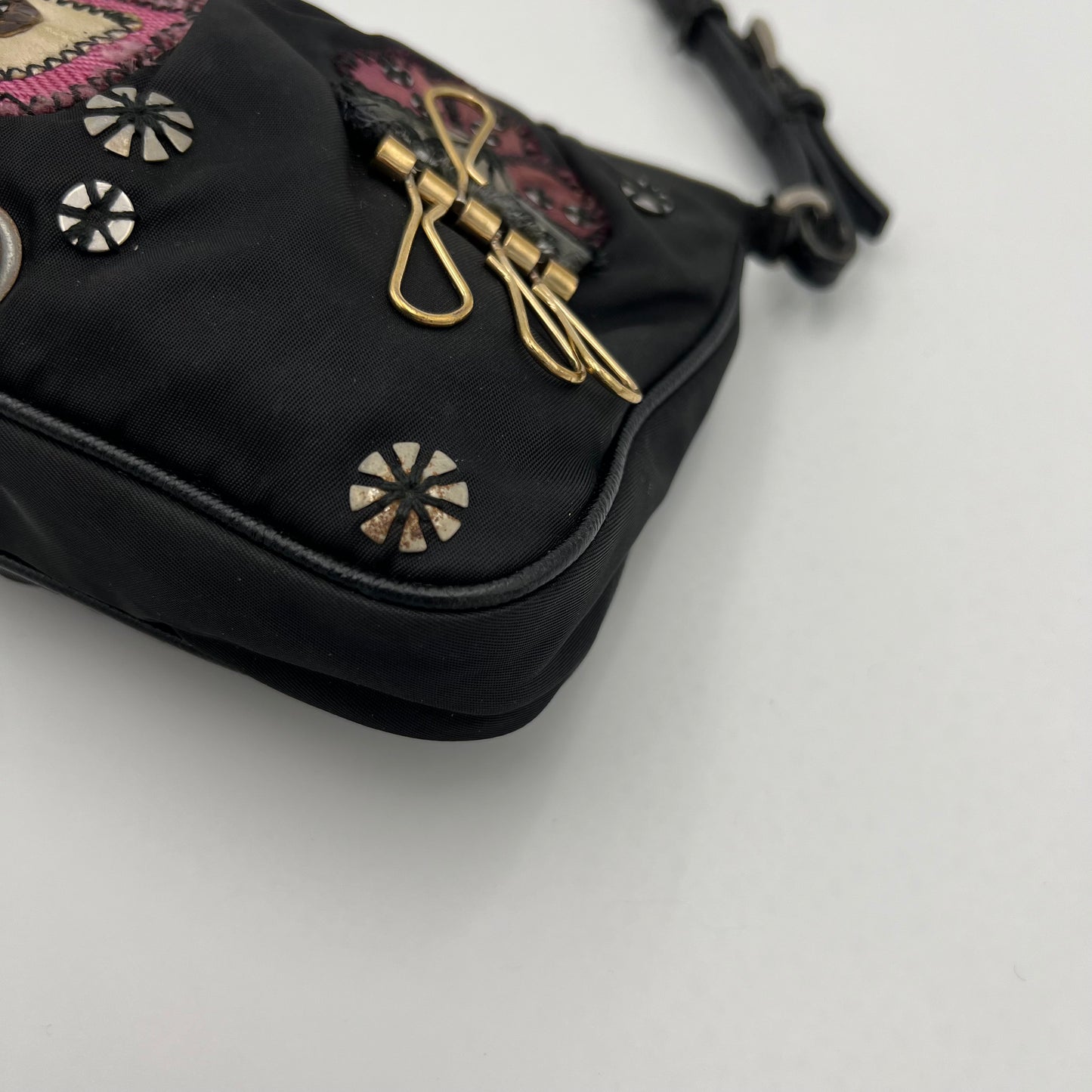 Prada 1990s Black Tessuto and Leather Flower Patchwork Pochette