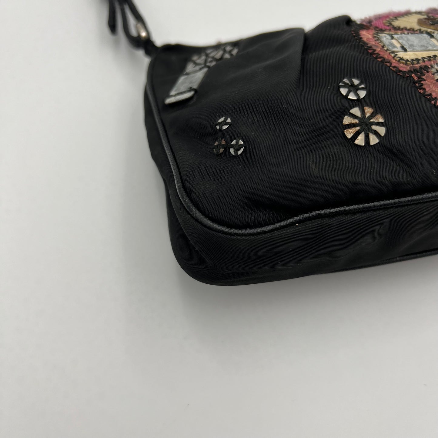 Prada 1990s Black Tessuto and Leather Flower Patchwork Pochette