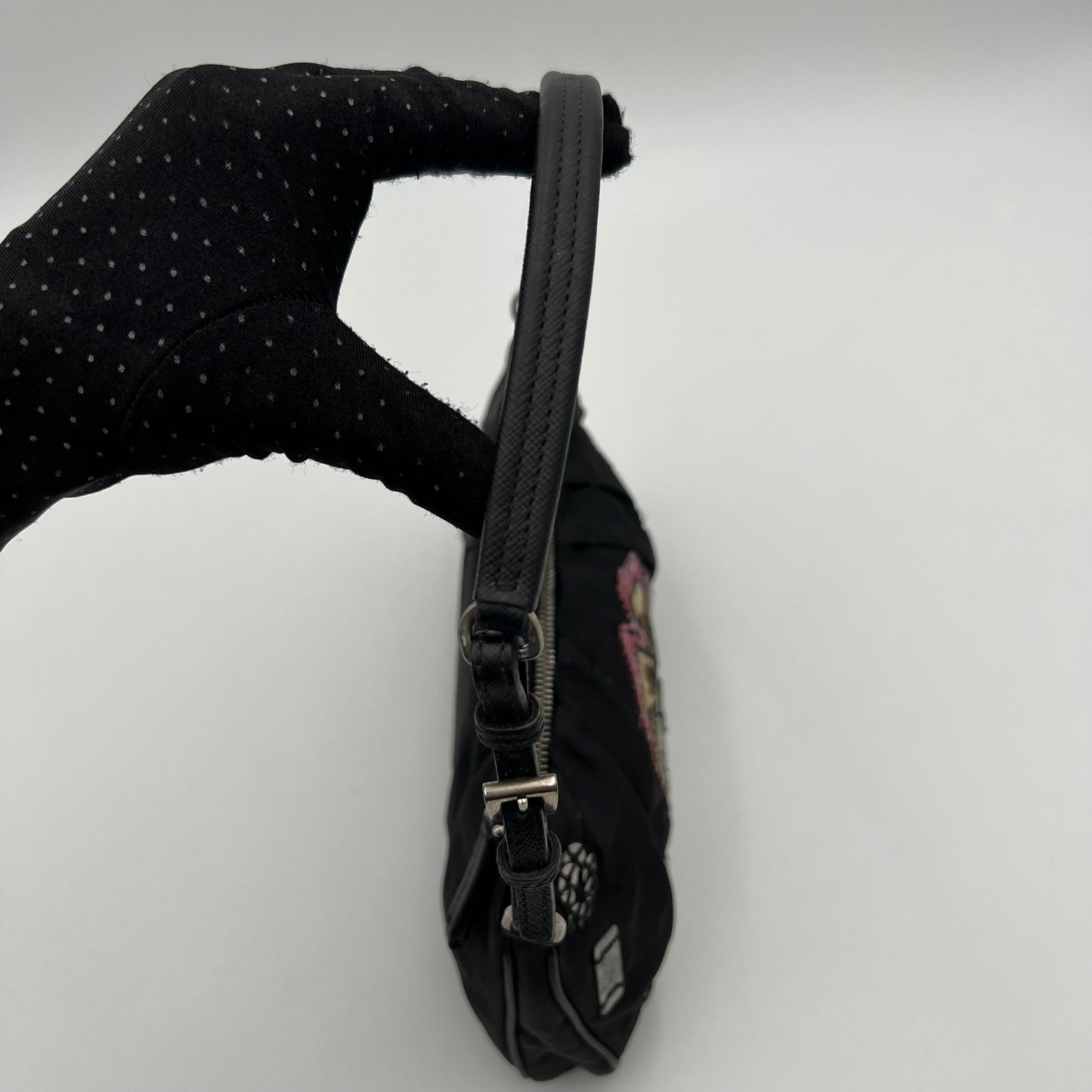 Prada 1990s Black Tessuto and Leather Flower Patchwork Pochette