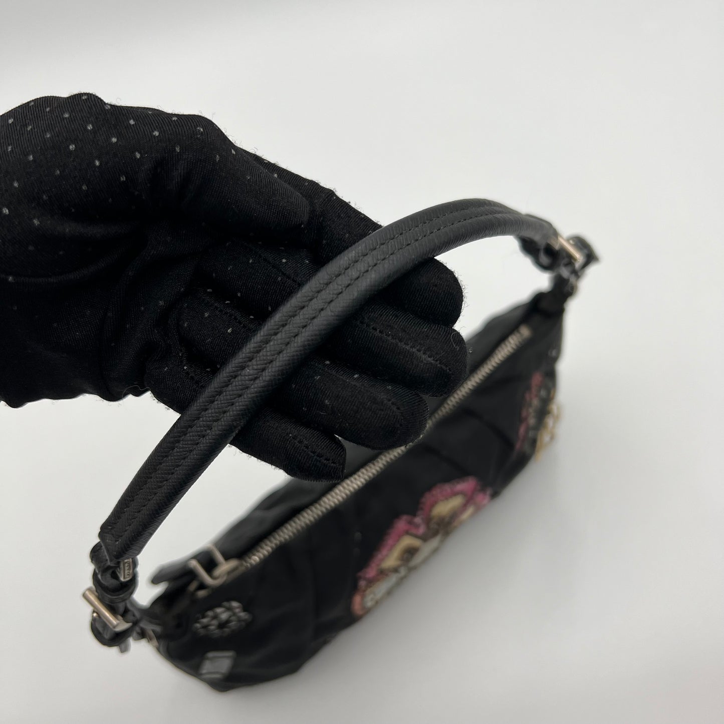 Prada 1990s Black Tessuto and Leather Flower Patchwork Pochette
