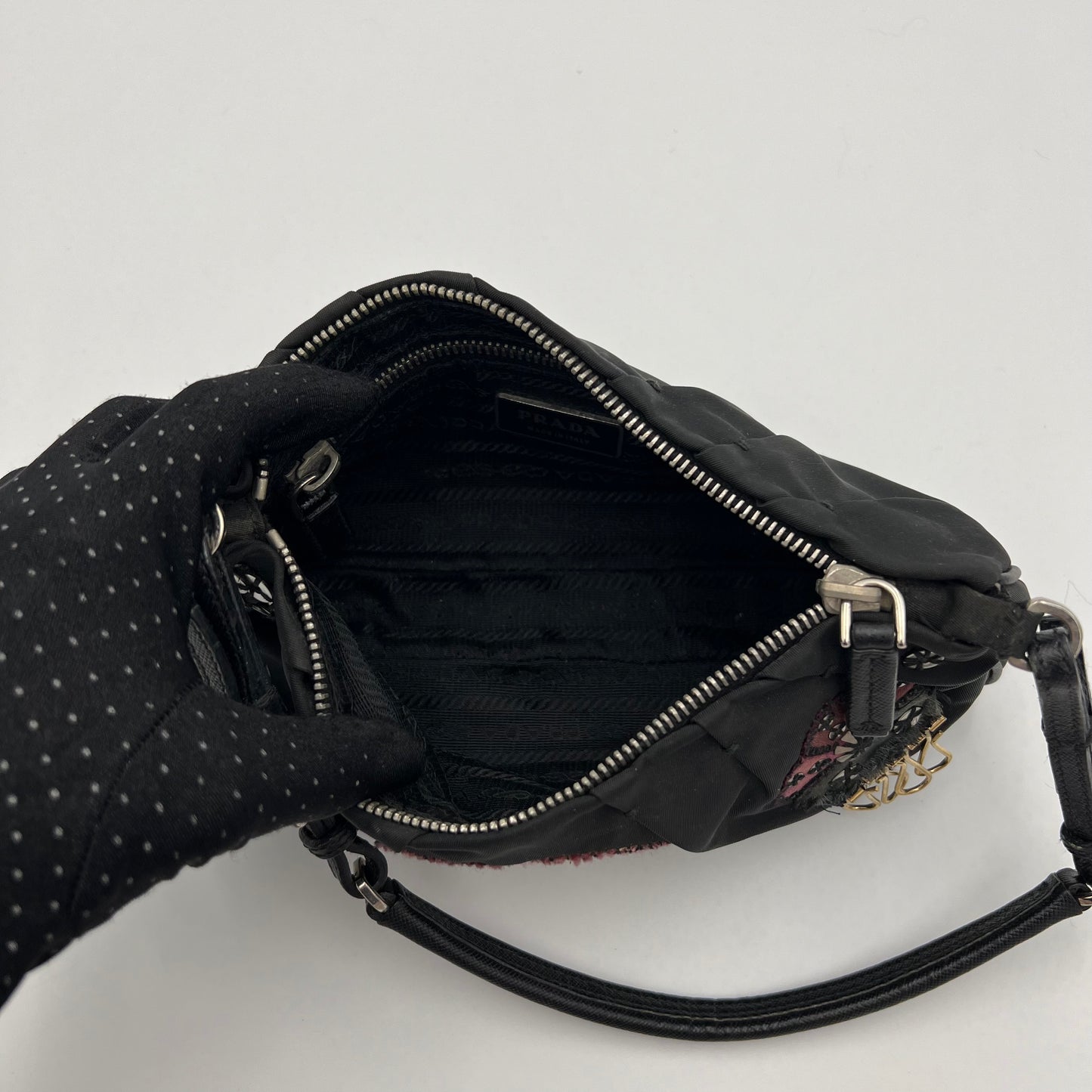 Prada 1990s Black Tessuto and Leather Flower Patchwork Pochette