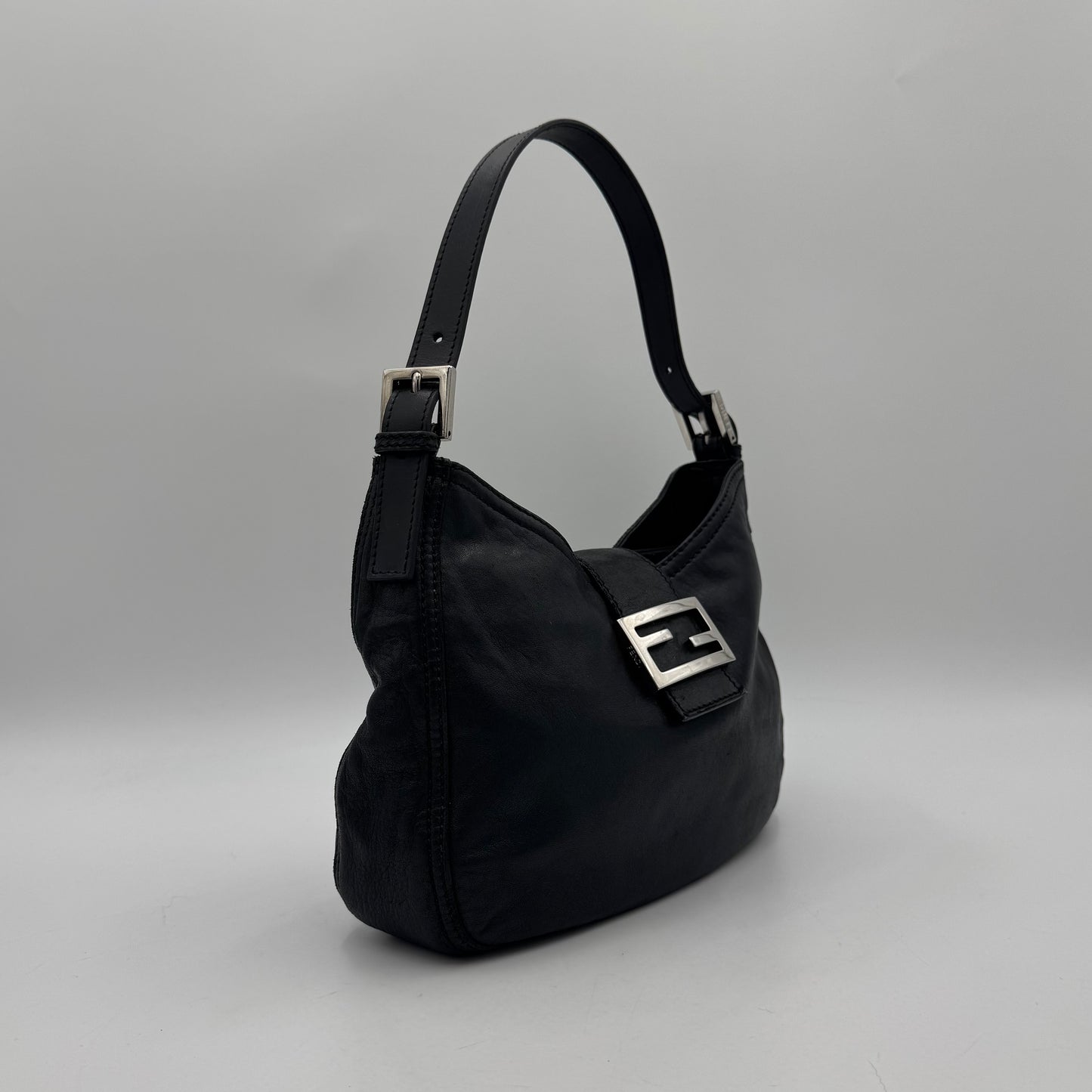 Fendi Black Leather Hobo Baguette SHW