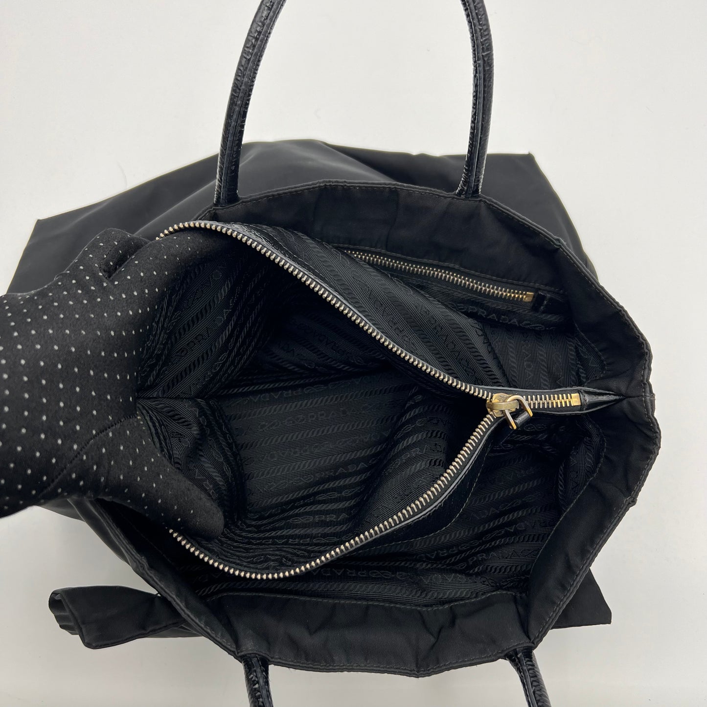 Prada Black Tessuto and Patent Leather Bow Tote Bag