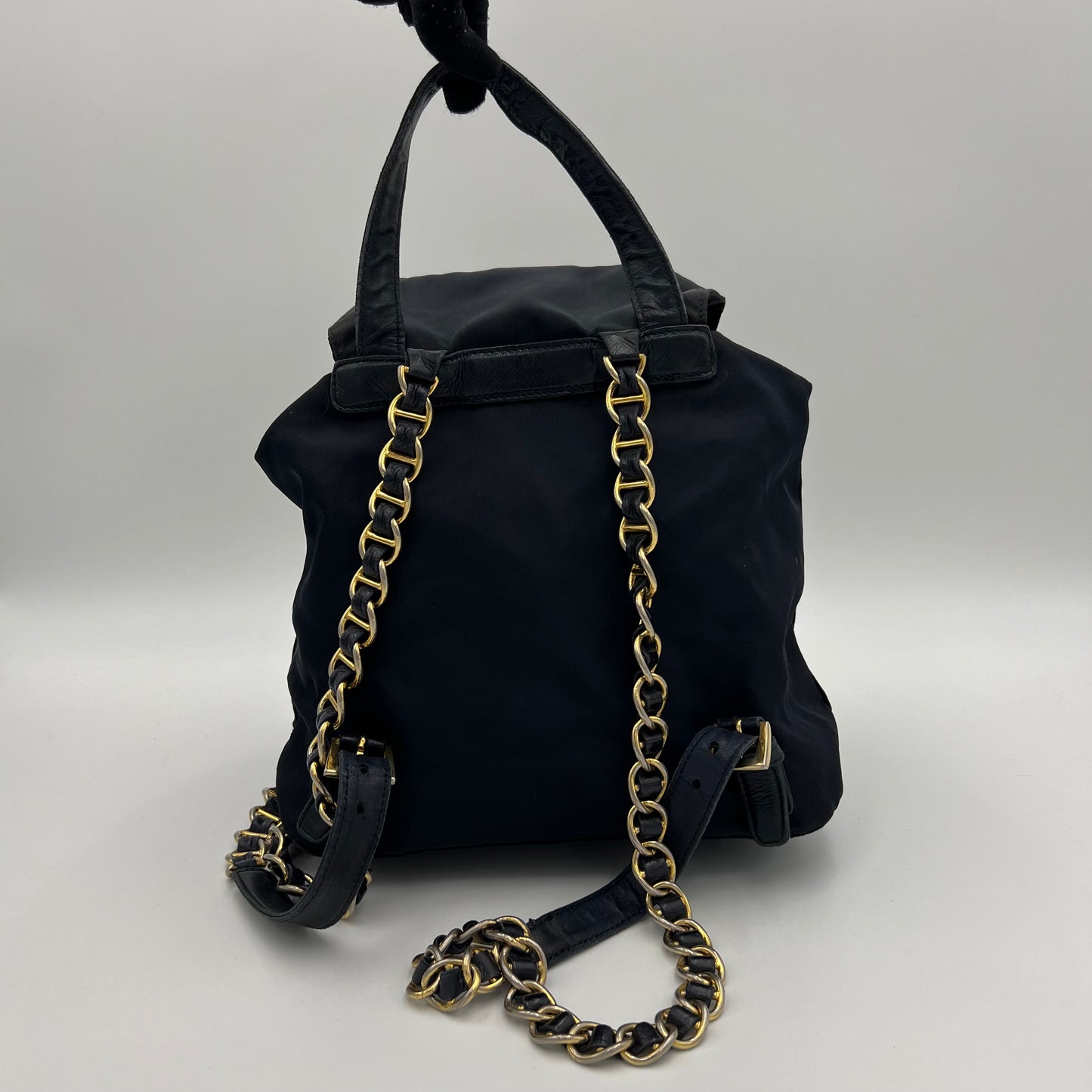 Prada Dark Blue Nylon and Leather Chain Backpack