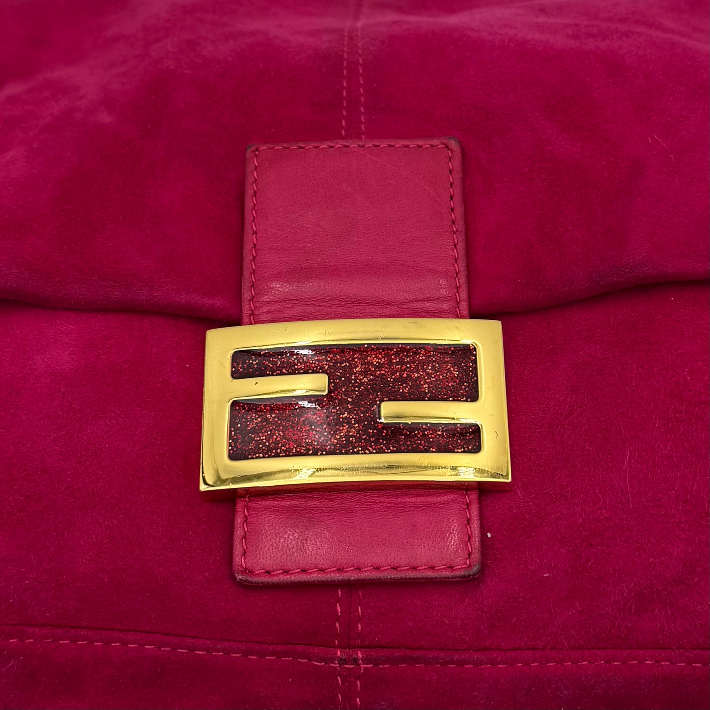 Fendi Pink Suede Glittery FF Buckle Mamma Baguette GHW