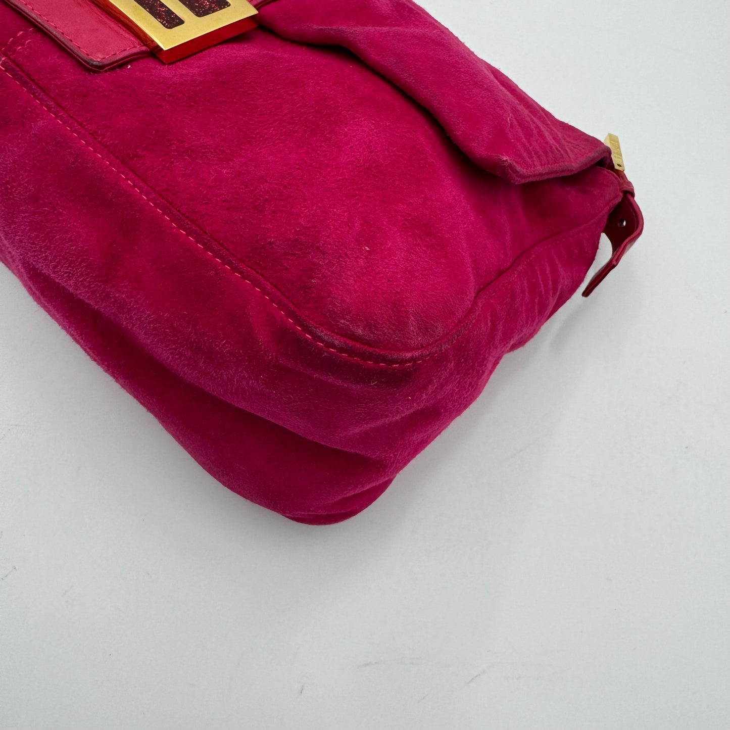 Fendi Pink Suede Glittery FF Buckle Mamma Baguette GHW