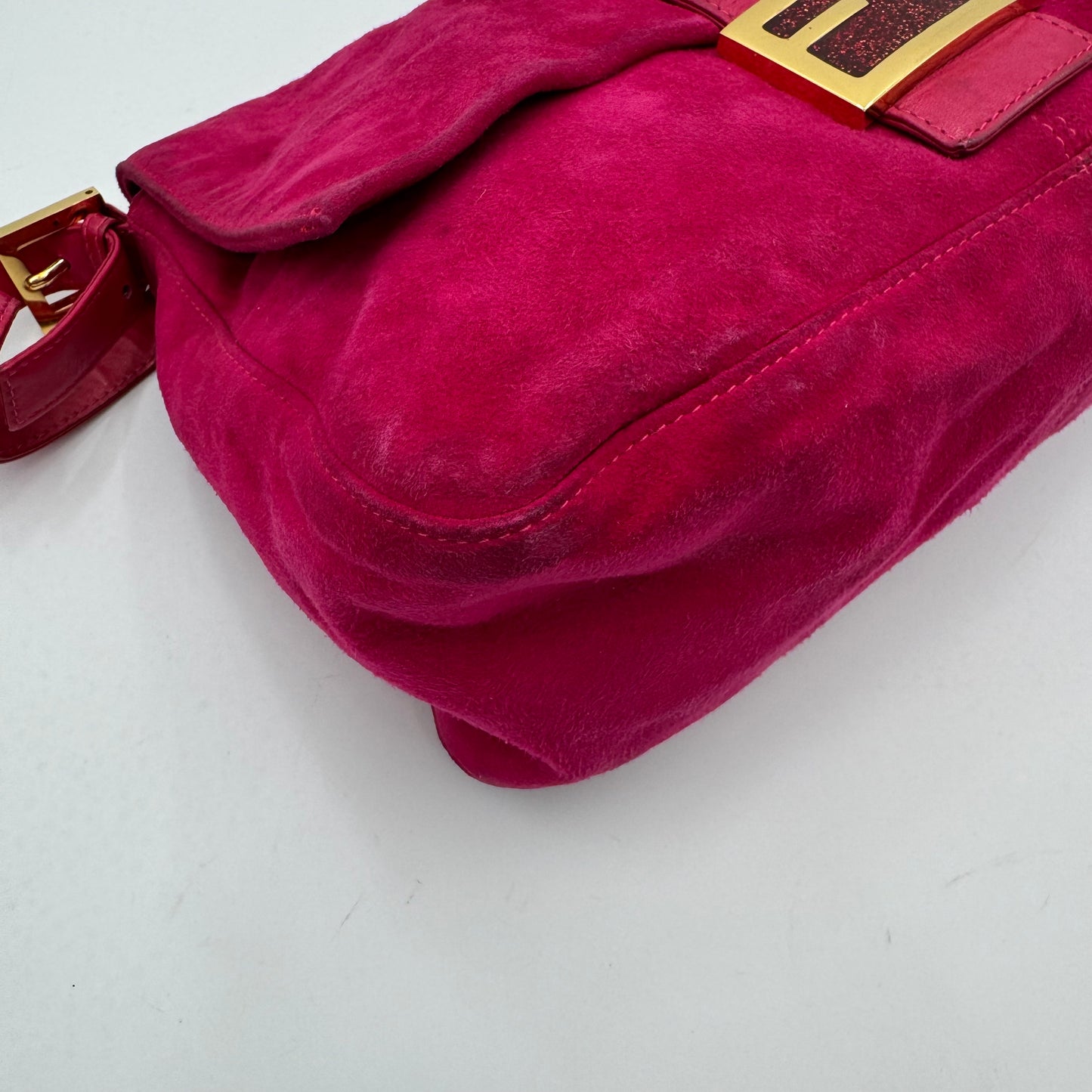Fendi Pink Suede Glittery FF Buckle Mamma Baguette GHW