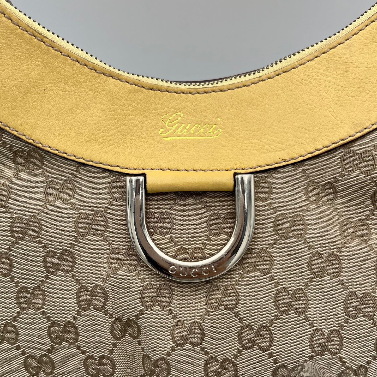 Gucci Monogram Canvas Yellow Leather Abbey D-Ring Hobo Shoulder Bag