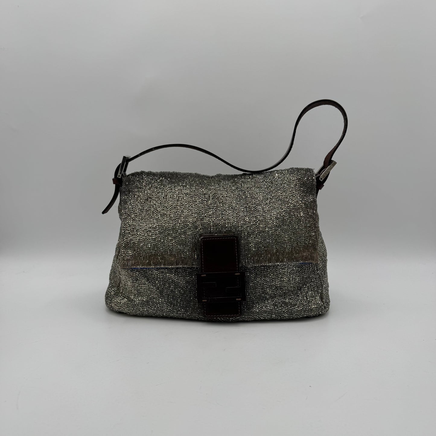 Fendi Silver Beaded Brown Leather Mamma Baguette