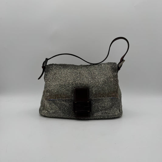 Fendi Silver Beaded Brown Leather Mamma Baguette