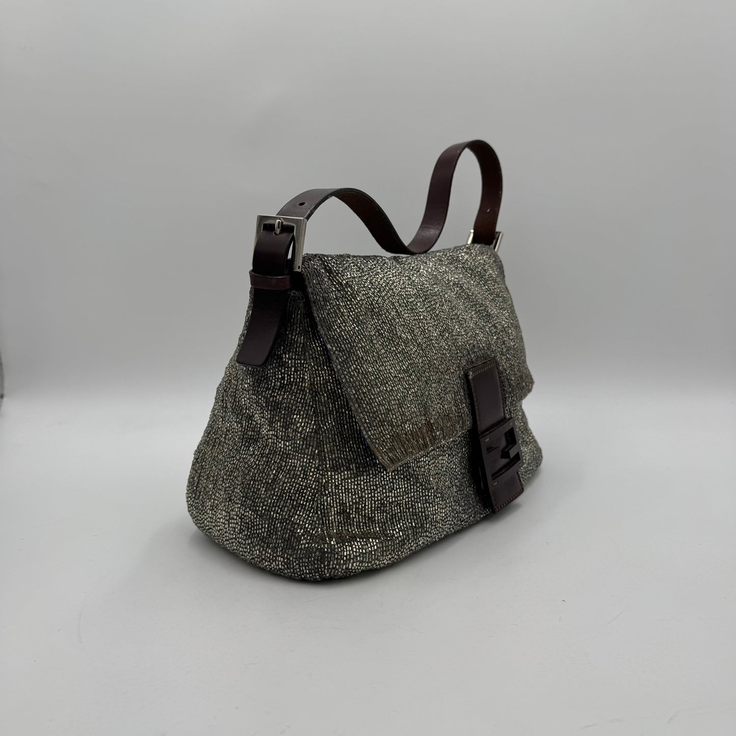 Fendi Silver Beaded Brown Leather Mamma Baguette