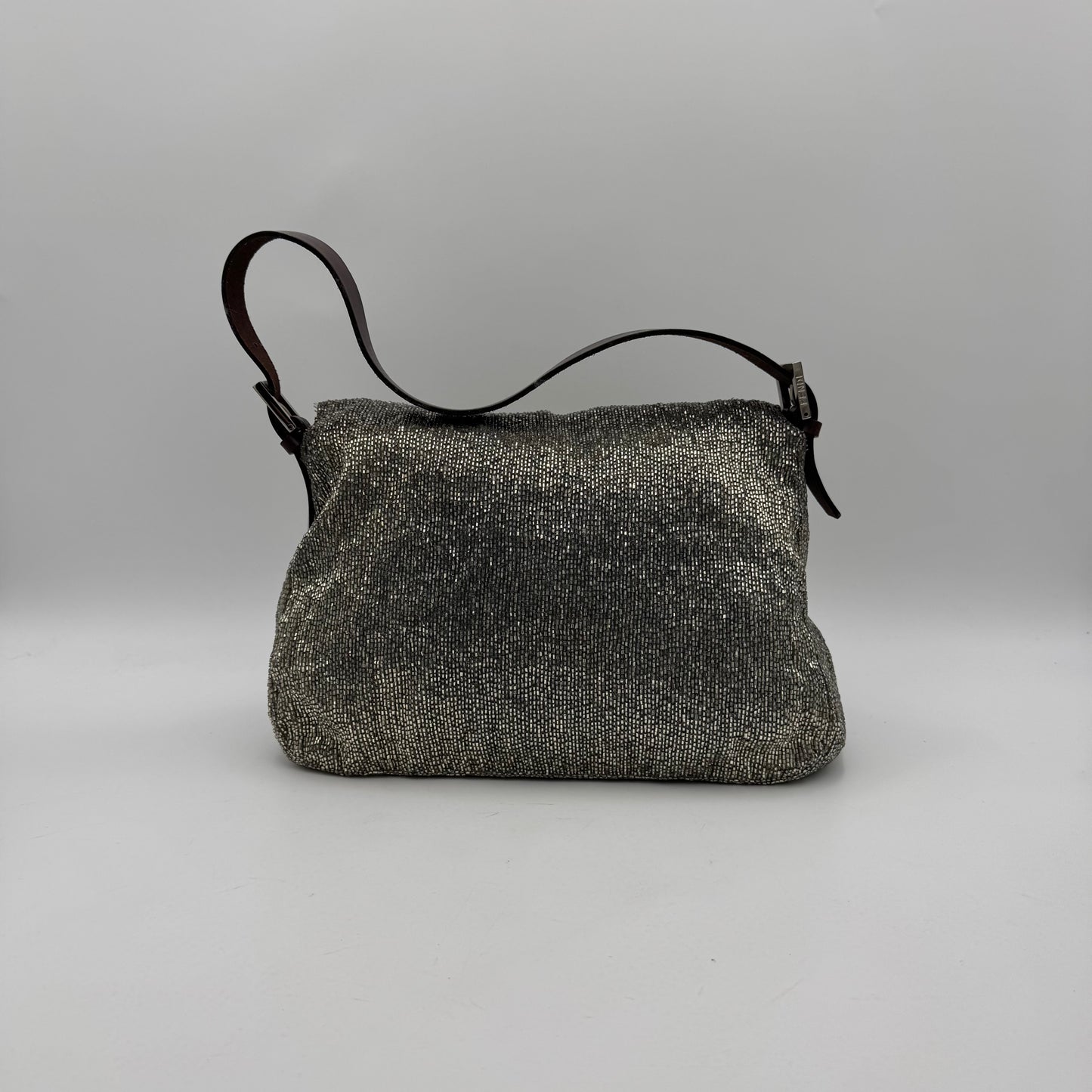 Fendi Silver Beaded Brown Leather Mamma Baguette