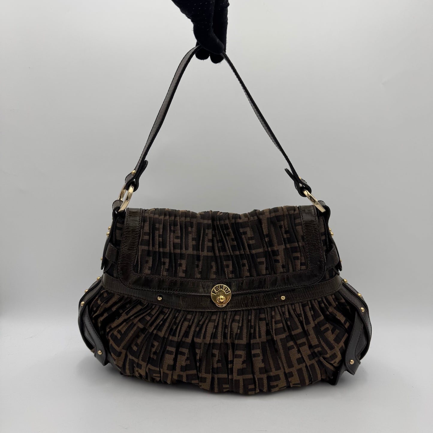 Fendi Tobacco Zucca Pleated Canvas Large Chef Flap Shoulder Bag