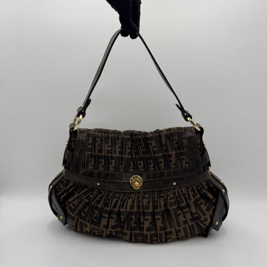 Fendi Tobacco Zucca Pleated Canvas Large Chef Flap Shoulder Bag
