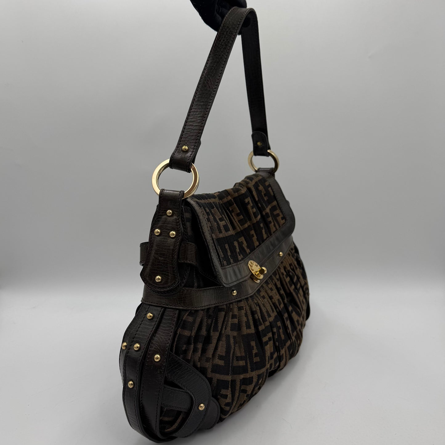 Fendi Tobacco Zucca Pleated Canvas Large Chef Flap Shoulder Bag