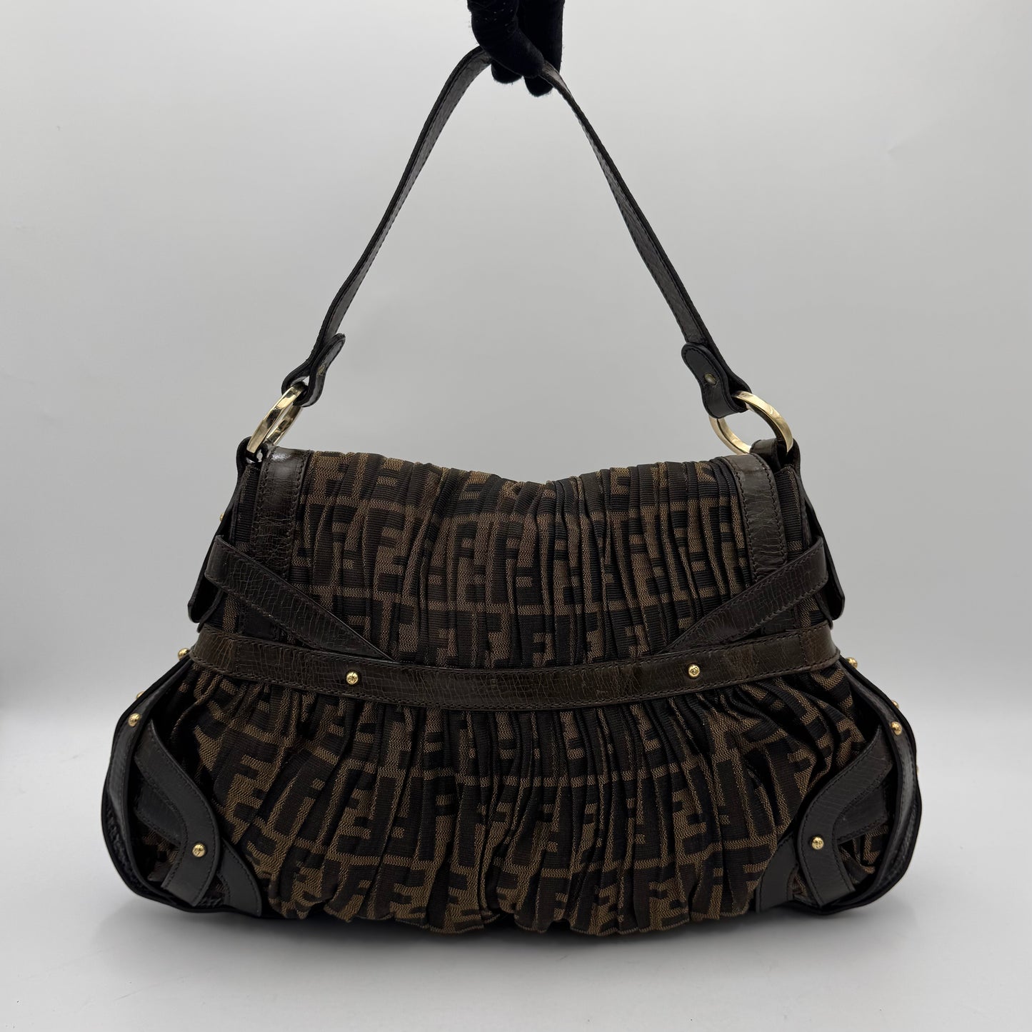 Fendi Tobacco Zucca Pleated Canvas Large Chef Flap Shoulder Bag