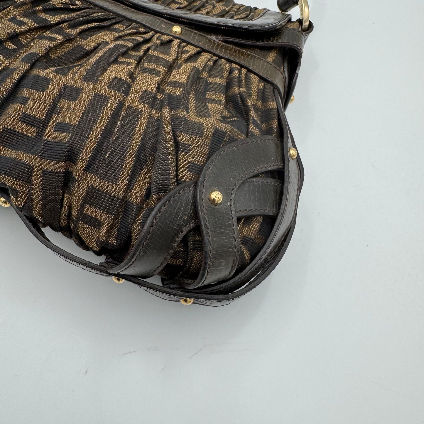 Fendi Tobacco Zucca Pleated Canvas Large Chef Flap Shoulder Bag