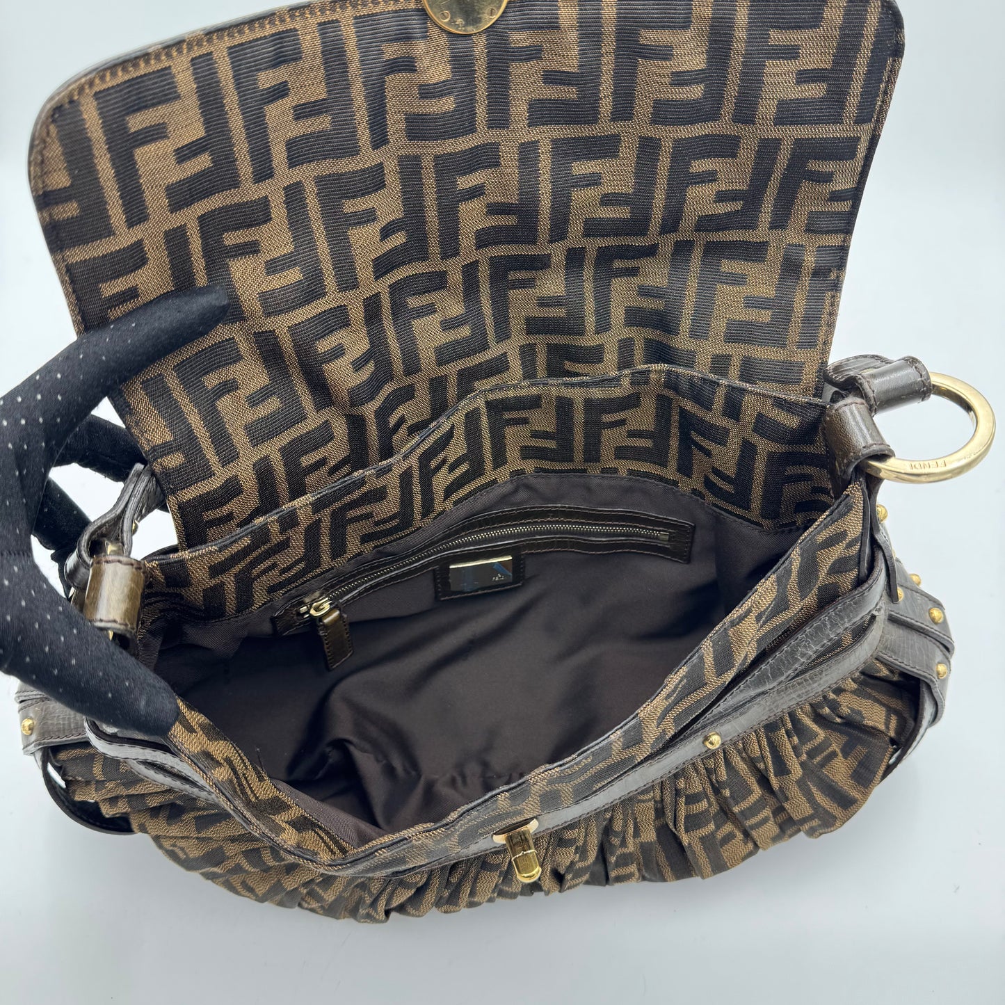Fendi Tobacco Zucca Pleated Canvas Large Chef Flap Shoulder Bag