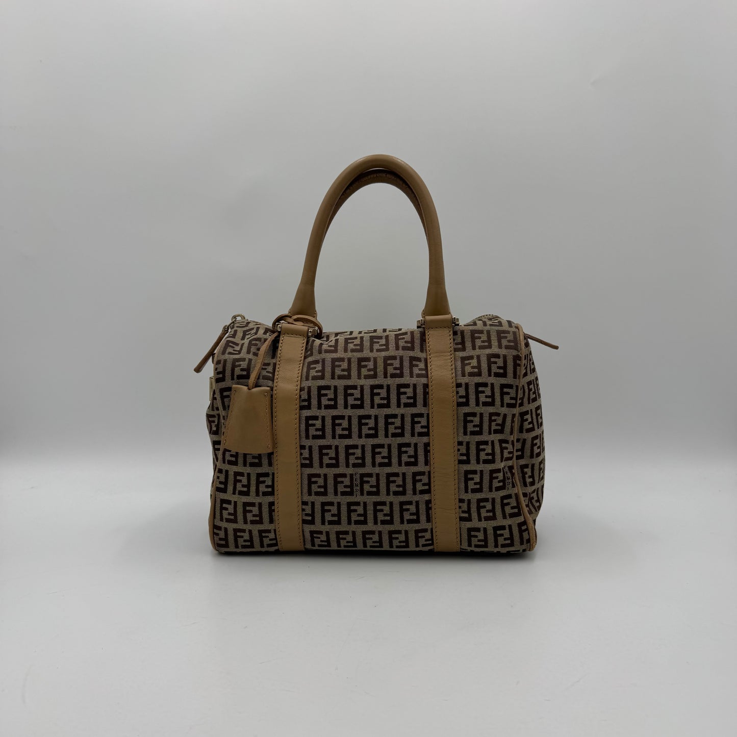 Fendi Brown Zucchino Beige Leather Canvas Boston 25
