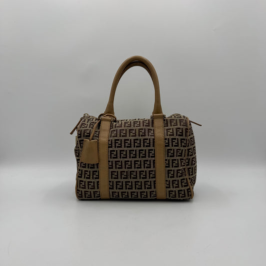 Fendi Brown Zucchino Beige Leather Canvas Boston 25