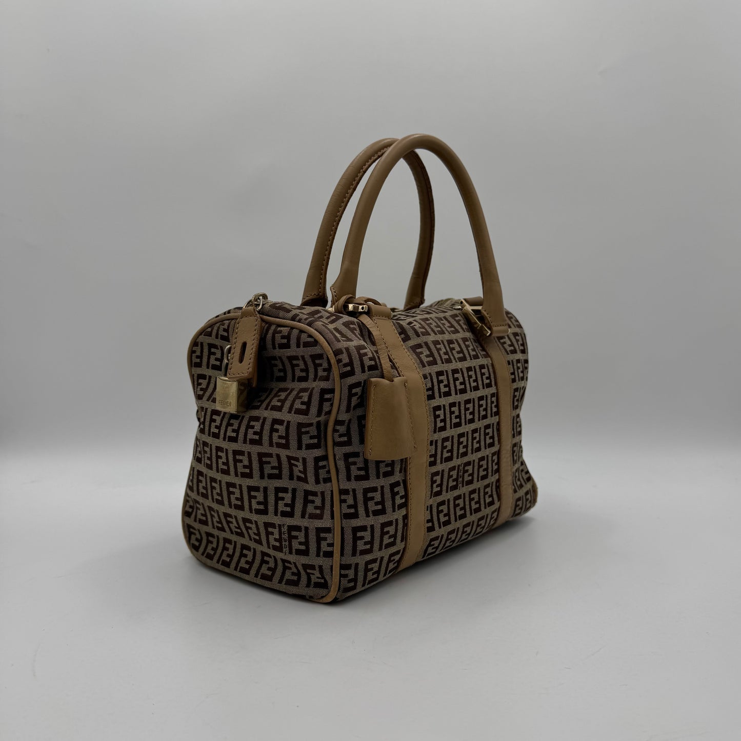 Fendi Brown Zucchino Beige Leather Canvas Boston 25