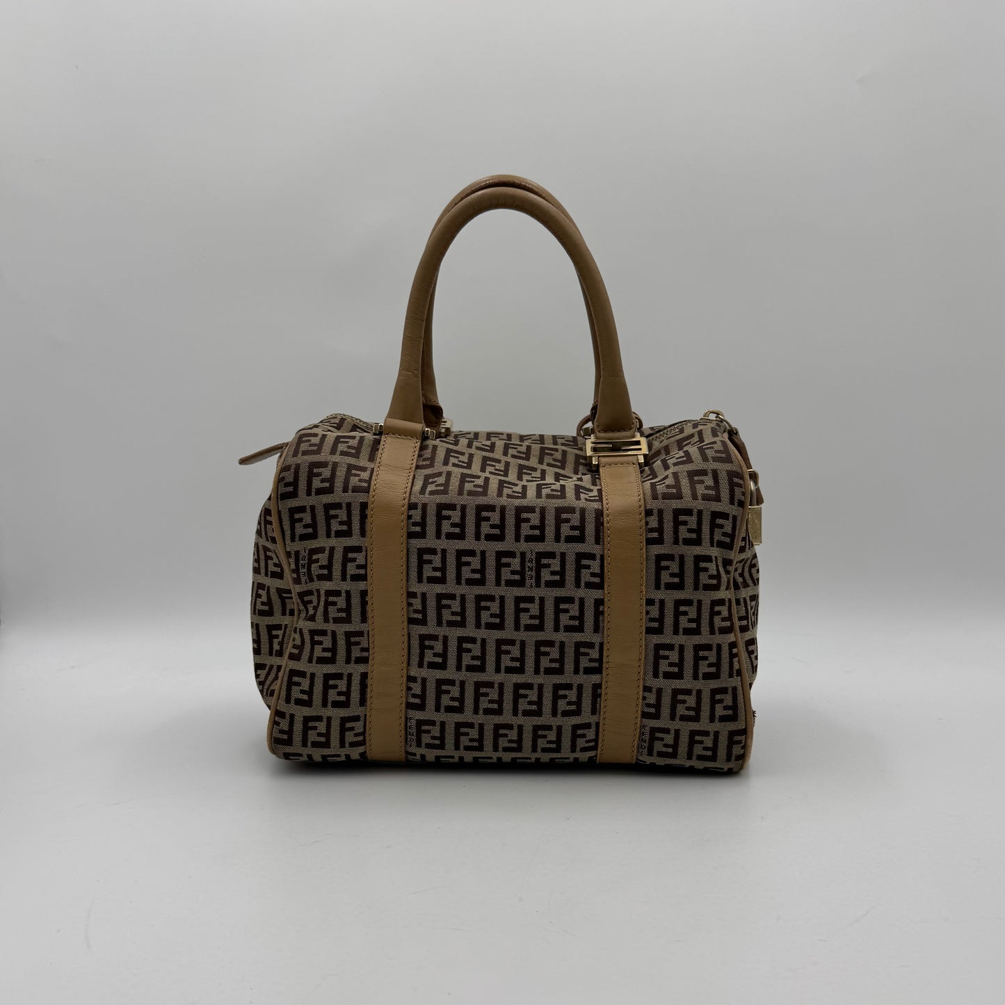 Fendi Brown Zucchino Beige Leather Canvas Boston 25
