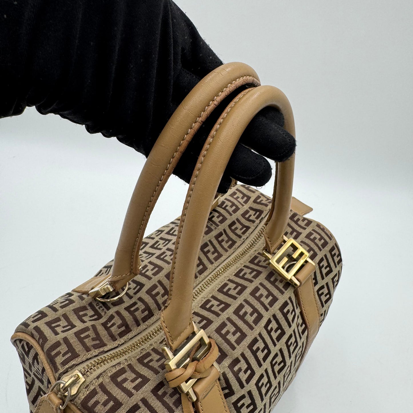 Fendi Brown Zucchino Beige Leather Canvas Boston 25