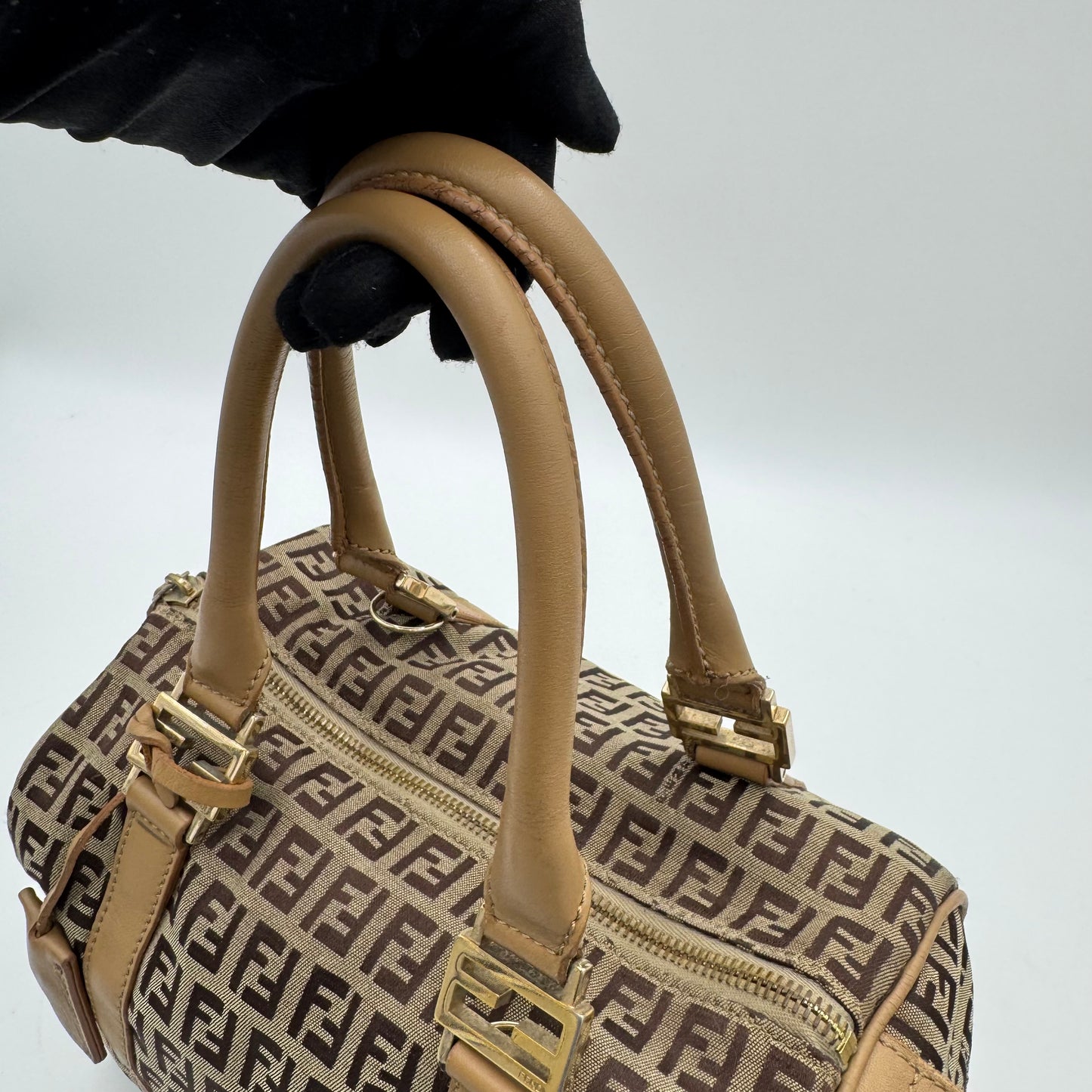 Fendi Brown Zucchino Beige Leather Canvas Boston 25