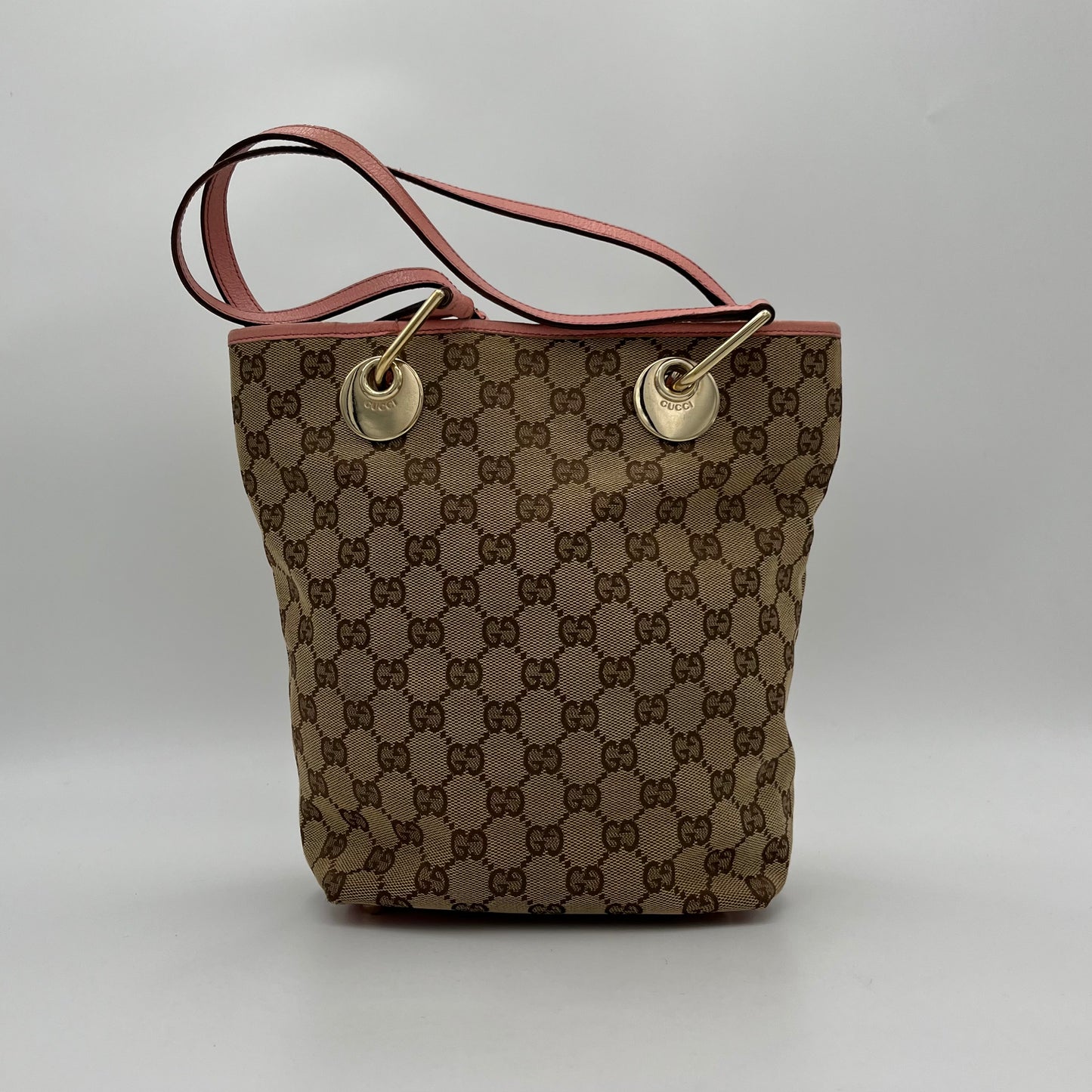 Gucci Beige Monogram Canvas Pink Leather Small Eclipse Tote