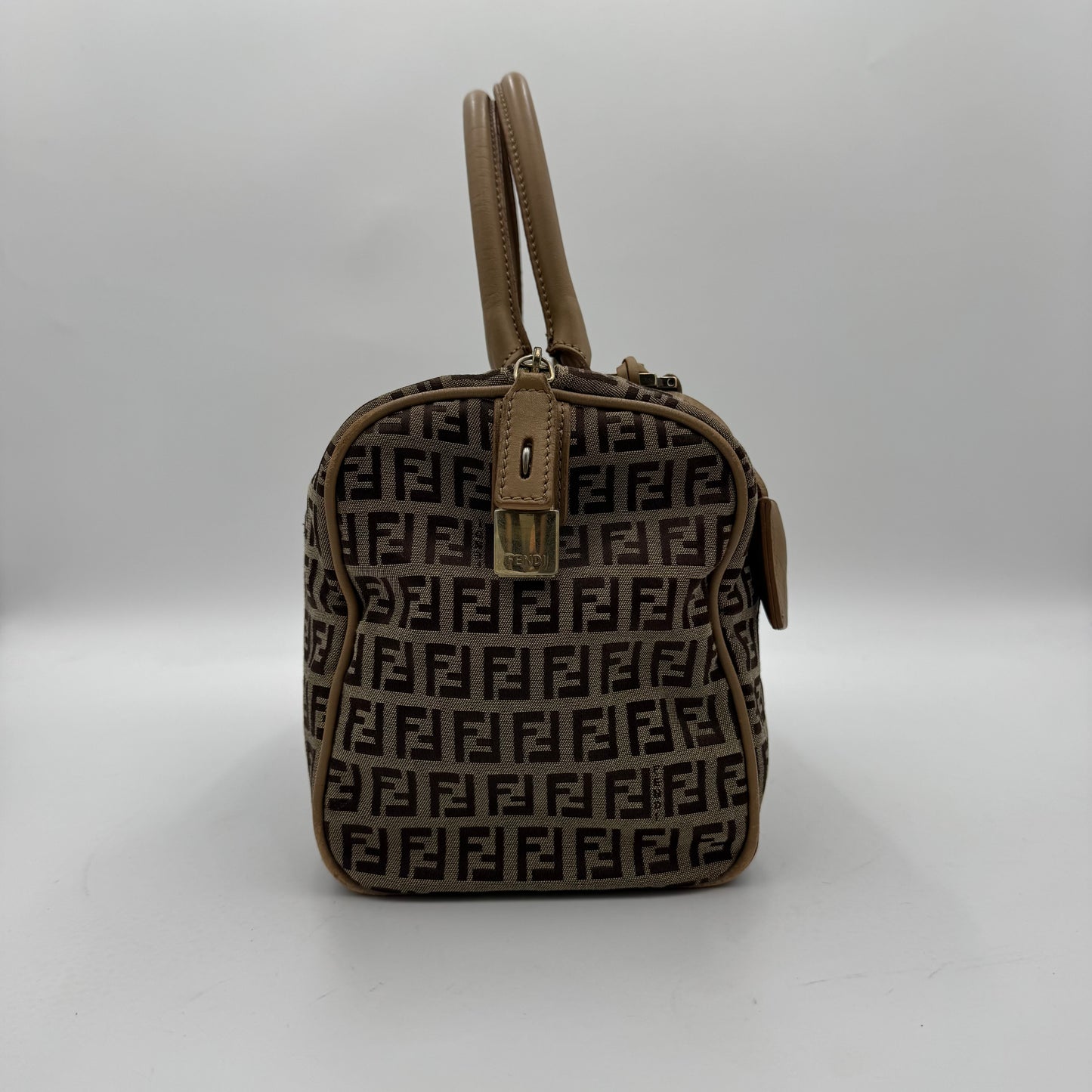 Fendi Brown Zucchino Beige Leather Canvas Boston 25