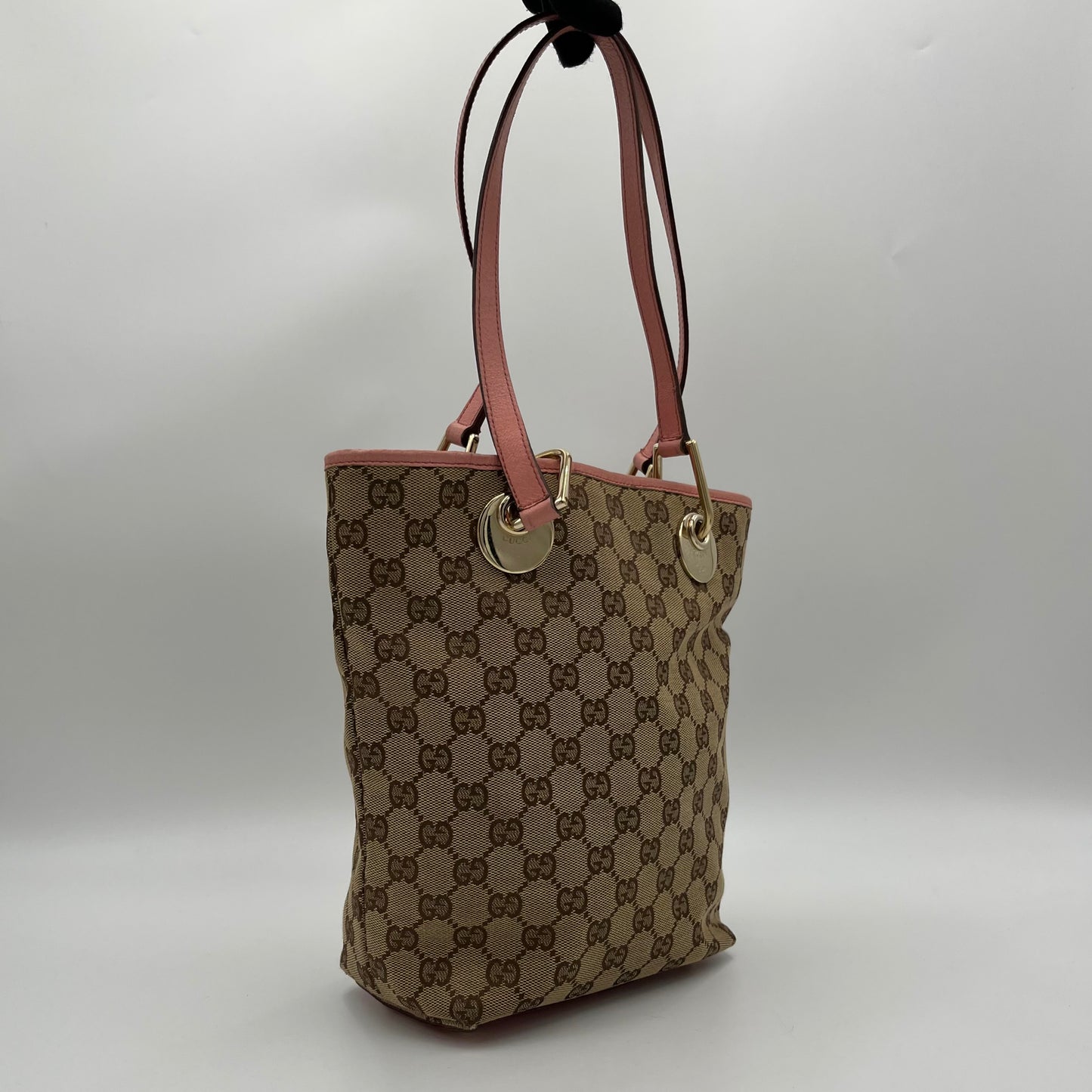 Gucci Beige Monogram Canvas Pink Leather Small Eclipse Tote
