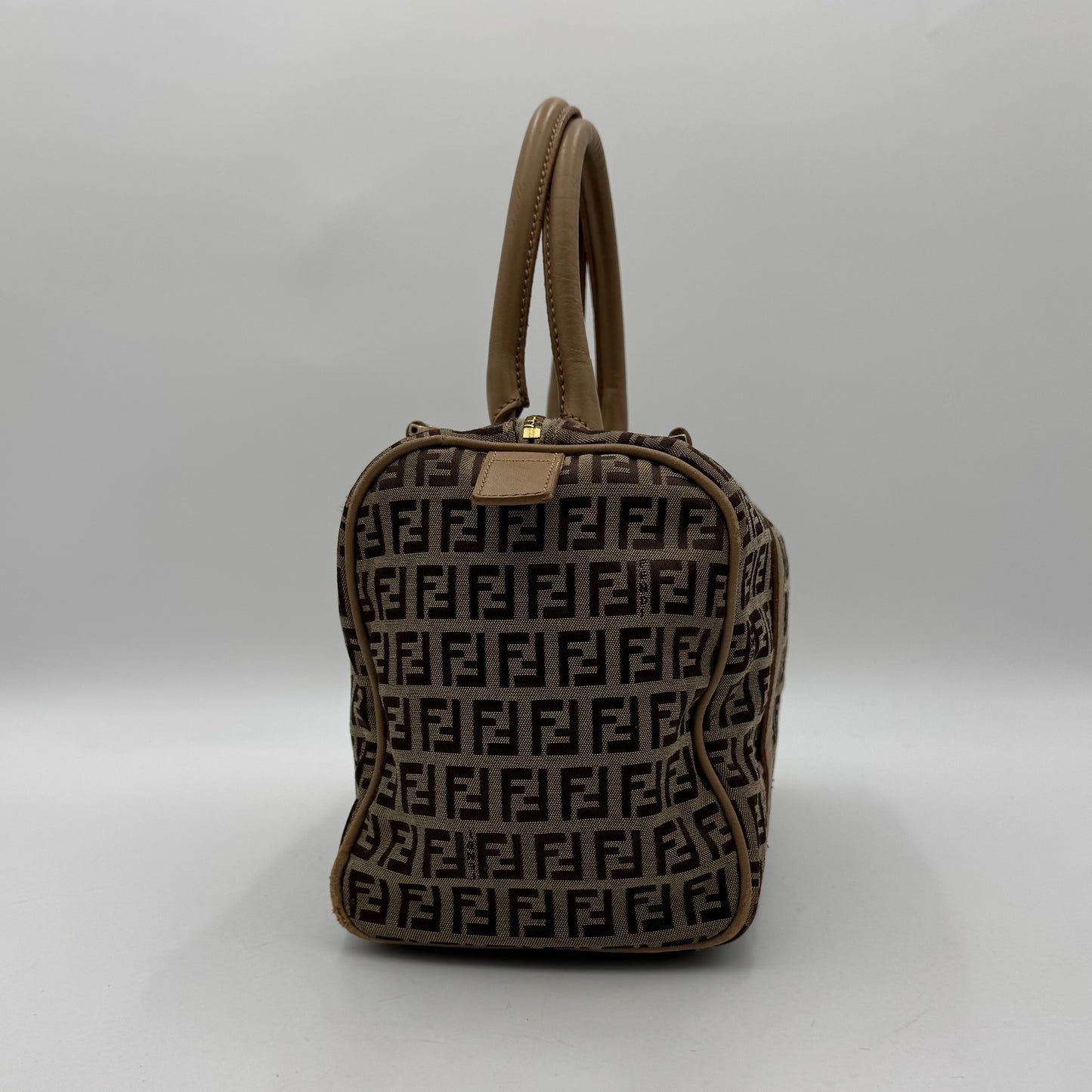 Fendi Brown Zucchino Beige Leather Canvas Boston 25