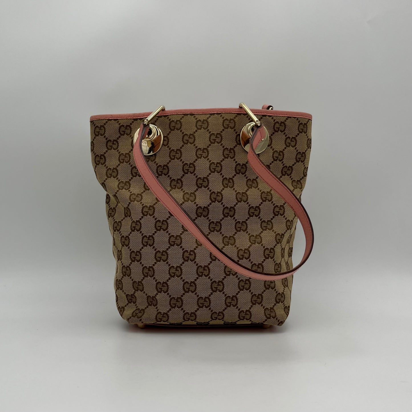 Gucci Beige Monogram Canvas Pink Leather Small Eclipse Tote