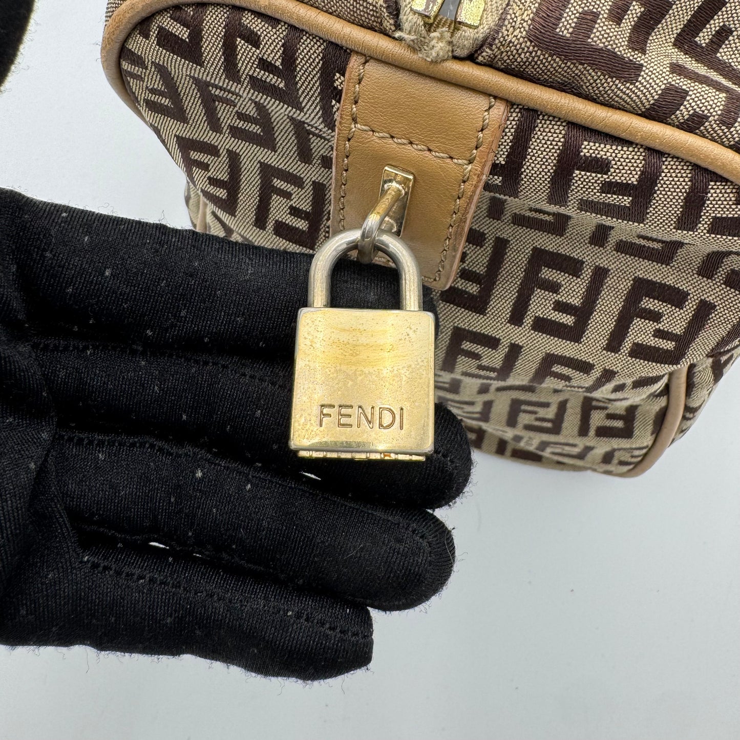 Fendi Brown Zucchino Beige Leather Canvas Boston 25