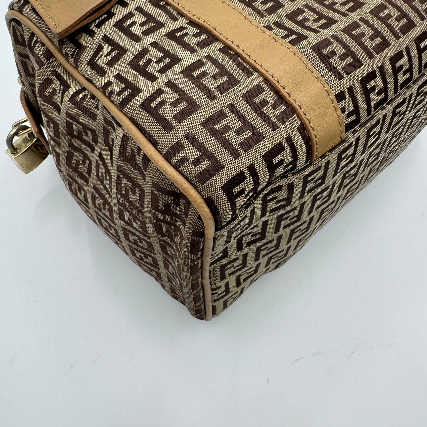 Fendi Brown Zucchino Beige Leather Canvas Boston 25