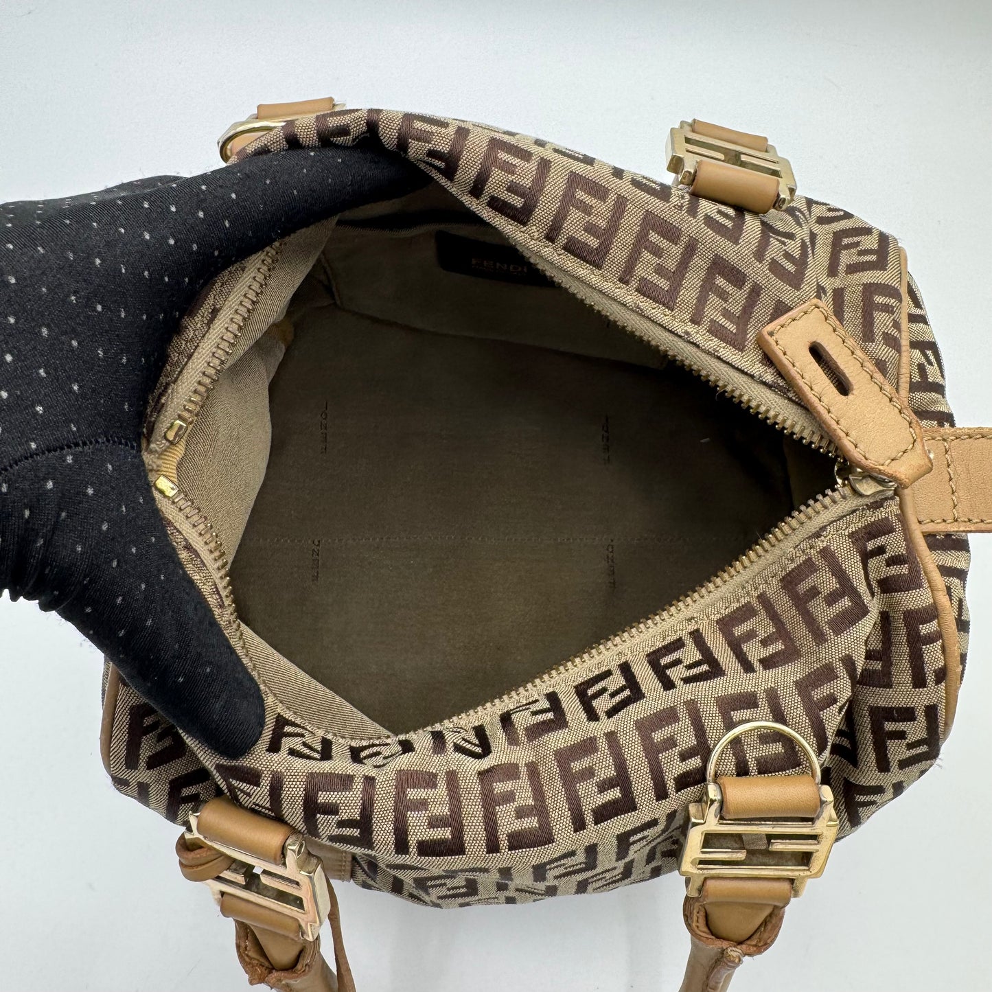 Fendi Brown Zucchino Beige Leather Canvas Boston 25