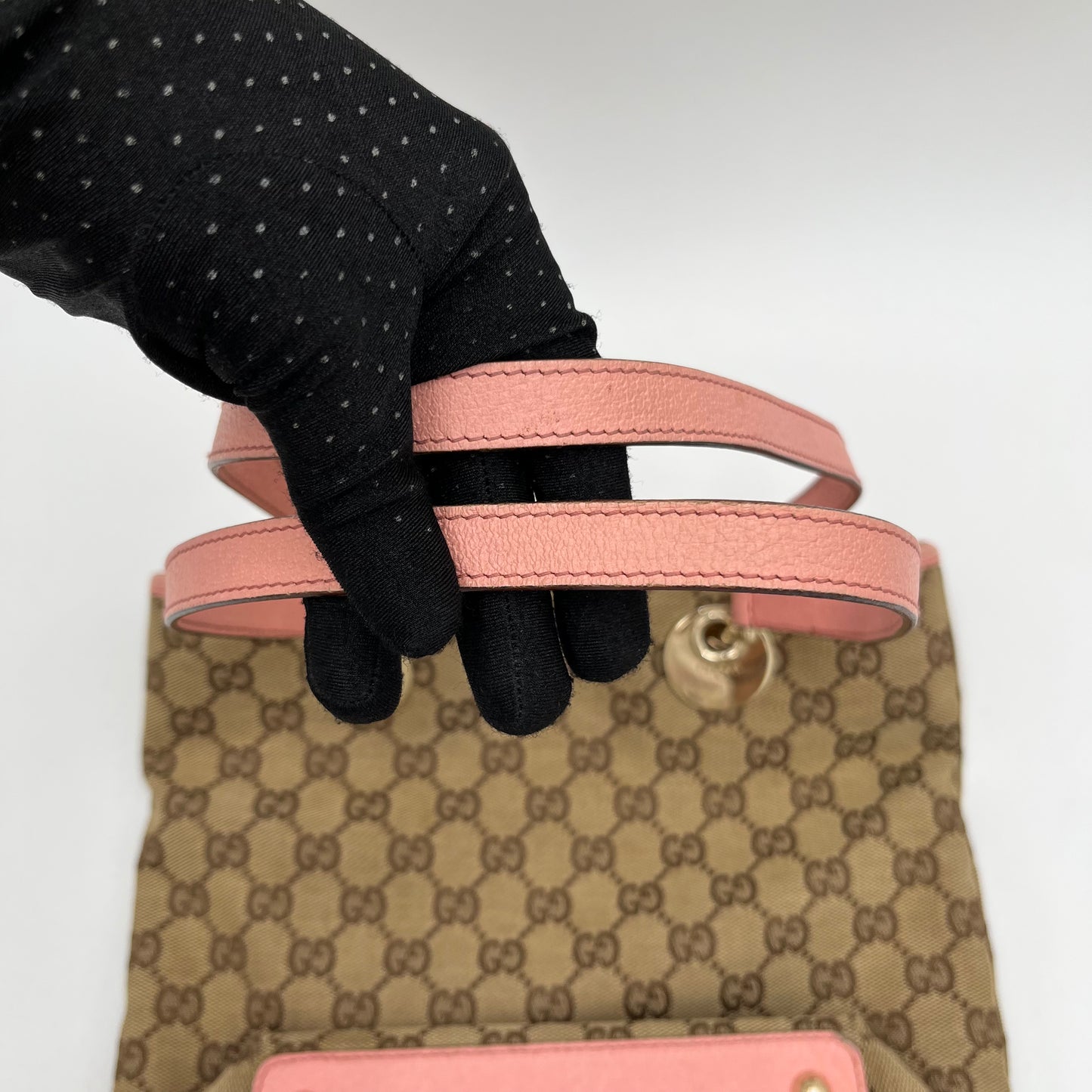 Gucci Beige Monogram Canvas Pink Leather Small Eclipse Tote