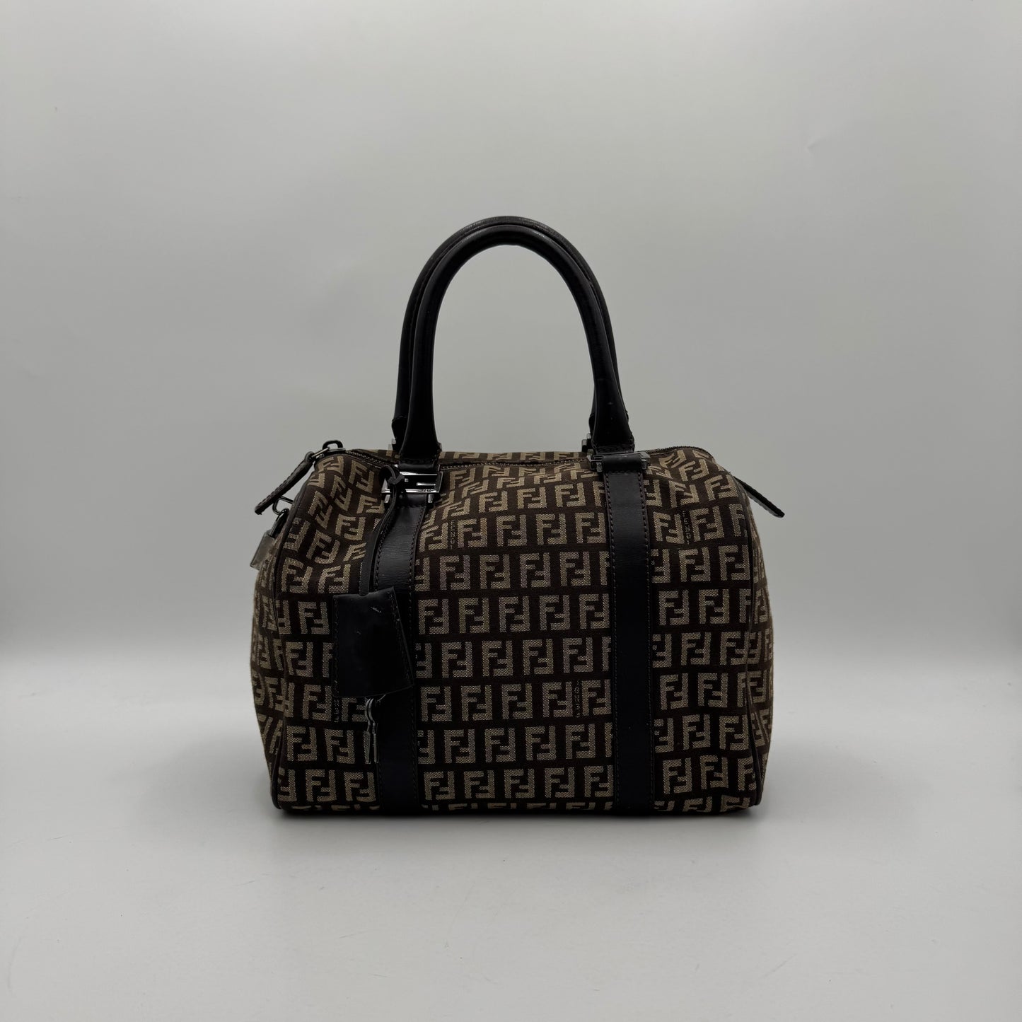 Fendi Dark Brown Zucchino Canvas and Leather FF Boston 25