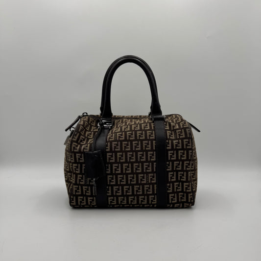 Fendi Dark Brown Zucchino Canvas and Leather FF Boston 25